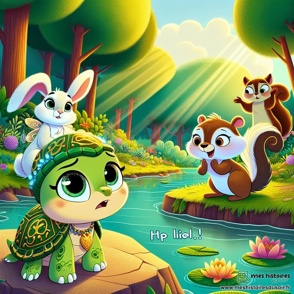 Au premier plan, Tilly, une petite tortue à la carapace verte ornée de motifs dorés, se tient sur un rocher au bord d'une rivière, avec un regard inquiet et un léger sourire, avouant à ses amis qu'elle a menti. À ses côtés, Rigo, un lapin aux grandes oreilles et pelage blanc, l'écoute attentivement avec compréhension. Lila, une écureuil brune à la queue touffue, applaudit avec enthousiasme pour soutenir Tilly, tandis que Zig, une grenouille verte sur un nénuphar, sourit joyeusement. Le décor est une forêt luxuriante avec des arbres verts, des fleurs colorées et des rayons de soleil, créant une ambiance chaleureuse. Tilly révèle son mensonge à ses amis, entourée de la beauté de la nature, dans un moment de sincérité et d'amitié.