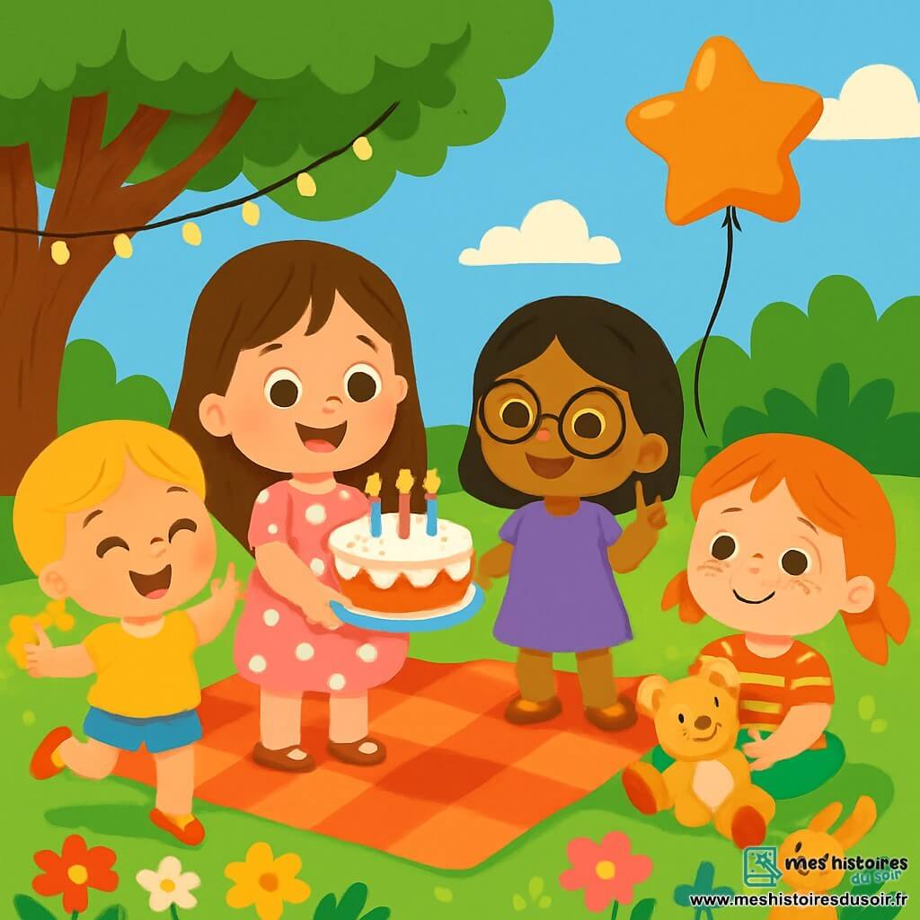 Il y a 4 enfants : Mia, 6 ans, avec de longs cheveux bruns, portant une robe rose à pois blancs et tenant un gâteau d'anniversaire ; Zoé, 5 ans, avec des cheveux blonds en tresses, portant un t-shirt jaune et dansant joyeusement près de Mia ; Lila, 6 ans, avec des cheveux noirs et des lunettes rondes, habillée d'une robe violette et tenant un ballon en forme d'étoile ; Emma, 5 ans, avec des cheveux roux et des taches de rousseur, portant une jupe verte et assise sur l'herbe entourée de doudous. La scène se déroule dans un jardin ensoleillé, avec des fleurs colorées, des ballons flottants et une nappe à carreaux. Les enfants célèbrent l'anniversaire de Mia en riant et dansant autour du gâteau, tandis qu'un ballon rose s'élève dans le ciel bleu.