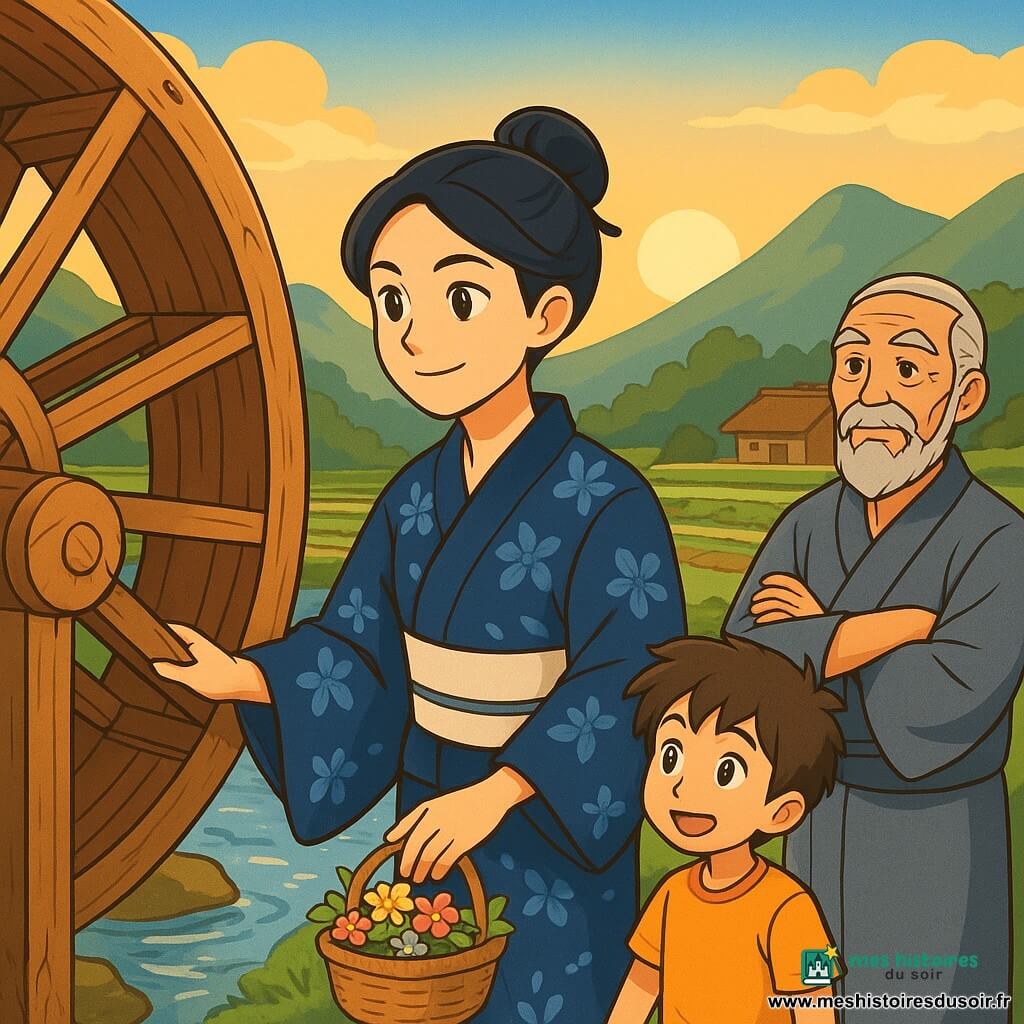 Yuki, une femme d'une trentaine d'années, se tient près d'une roue d'eau en bois, son visage rayonnant de détermination. Elle porte un kimono bleu nuit orné de motifs floraux et ses longs cheveux noirs sont noués en un chignon élégant. À ses côtés, un jeune garçon de dix ans, aux cheveux ébouriffés, observe avec curiosité. Il porte un short en toile et un t-shirt coloré, tenant un petit panier en osier rempli de fleurs. Un vieil homme, le chef du village, se tient en retrait, avec une barbe grise, et regarde Yuki avec fierté. La scène se déroule dans un village japonais pittoresque, entouré de montagnes verdoyantes. Yuki tente de réparer la roue d'eau, symbole de vie pour son village, tandis que le garçon et le vieil homme l'encouragent, unis dans l'espoir de restaurer l'harmonie de leur communauté.