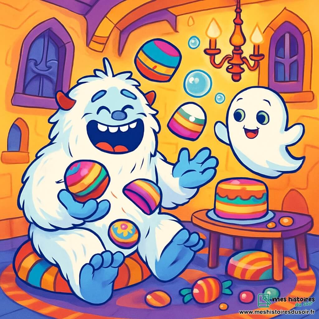 Un yéti nommé Biscotte, grand et pelucheux avec un pelage blanc éclatant et des yeux curieux, est assis sur un coussin moelleux, riant aux éclats tout en jonglant maladroitement avec des gâteaux colorés. À côté de lui, un petit fantôme nommé Loulou, âgé d'environ 5 ans, flotte dans les airs, faisant des bulles de savon. Ils se trouvent dans un château rigolotant aux murs tordus et fenêtres grimaceuses, avec des tapis colorés et des lustres scintillants. Biscotte et Loulou préparent un grand banquet festif, entourés de gâteaux arc-en-ciel et de bonbons, créant une atmosphère de bonheur et de camaraderie.
