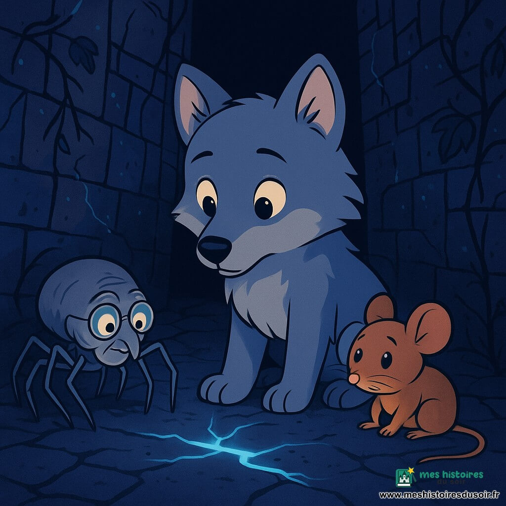 Un petit loup aux yeux doux et calmes, avec un pelage gris et soyeux, se tient au centre, regardant avec curiosité une fissure lumineuse dans le sol. À sa droite, une petite souris aux moustaches frémissantes se blottit contre sa patte, affichant une expression d'inquiétude mêlée d'espoir. À gauche, une vieille araignée aux pattes fines, portant des lunettes rondes, s'approche lentement, prête à aider le petit loup. Le décor est une ruelle sombre et mystérieuse, où une lumière bleue émane de la fissure, illuminant les personnages. Le petit loup écoute le murmure de la fissure, tandis que la souris et l'araignée l'observent, créant une atmosphère intrigante et magique.
