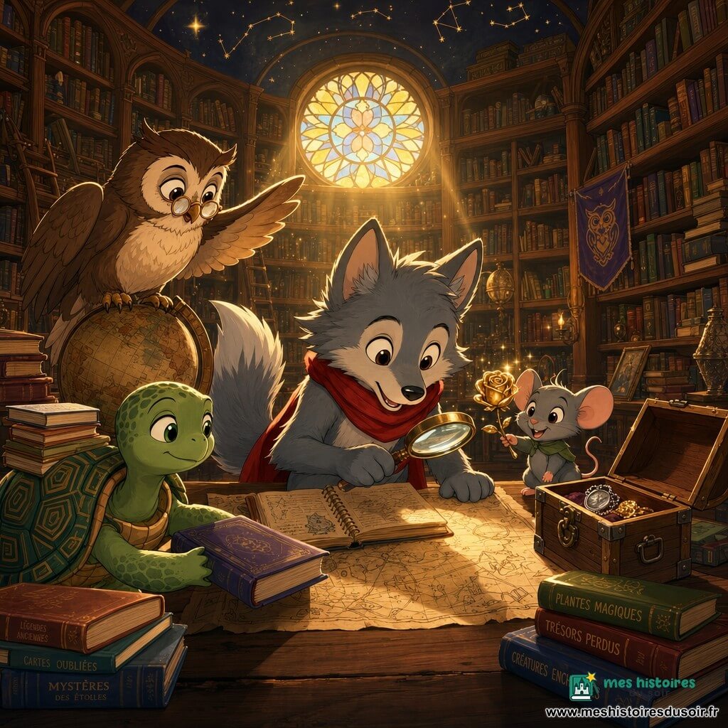 Quatre petits enquêteurs dans une bibliothèque enchantée en bois sombre : Léo, petit loup anthropomorphe au pelage gris, grande queue touffue et écharpe rouge, agenouillé devant une table examinant une vieille carte avec une loupe et un carnet ; Mia la souris minuscule tenant une rose dorée scintillante sur la table à droite ; Oscar le hibou brun et crème aux lunettes rondes perché sur un globe à gauche, ailes à demi ouvertes ; Lina la tortue à la carapace verte portant des livres et poussant un volume vers Léo ; sur la table une boîte en bois ouverte révèle un médaillon argenté et la rose dorée, éclairés par une lumière chaude filtrant par un vitrail et faisant ressortir leurs visages excités.