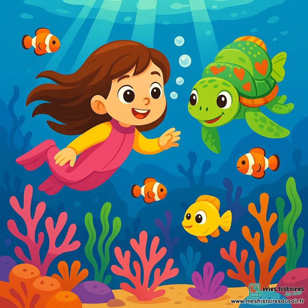 Lila, une petite fille de six ans aux grands yeux curieux et aux longs cheveux bruns, sourit émerveillée en nageant joyeusement avec une tortue marine nommée Tilda, qui a une carapace décorée de cœurs. Elles évoluent dans un royaume sous-marin magique rempli de coraux vibrants et de poissons colorés. Ensemble, elles explorent un jardin de coraux scintillants, tandis qu'un petit poisson-ange jaune les observe avec émerveillement.