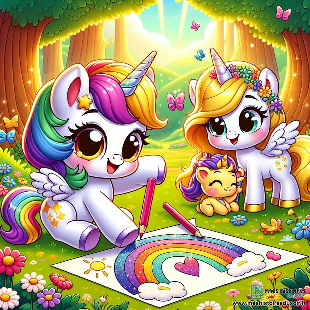 Dans une clairière enchantée, une licorne nommée Lumi dessine un arc-en-ciel sur un papier, souriante. À ses côtés, Paillette, une licorne dorée, l'admire, tandis qu'Étoile, une licorne blanche, colorie avec soin. La clairière, baignée de lumière dorée et entourée d'arbres majestueux, est animée par des fleurs et des papillons. Lumi et ses amis créent ensemble un arc-en-ciel, symbole de leur amitié et de leur joie de retourner à l'école.