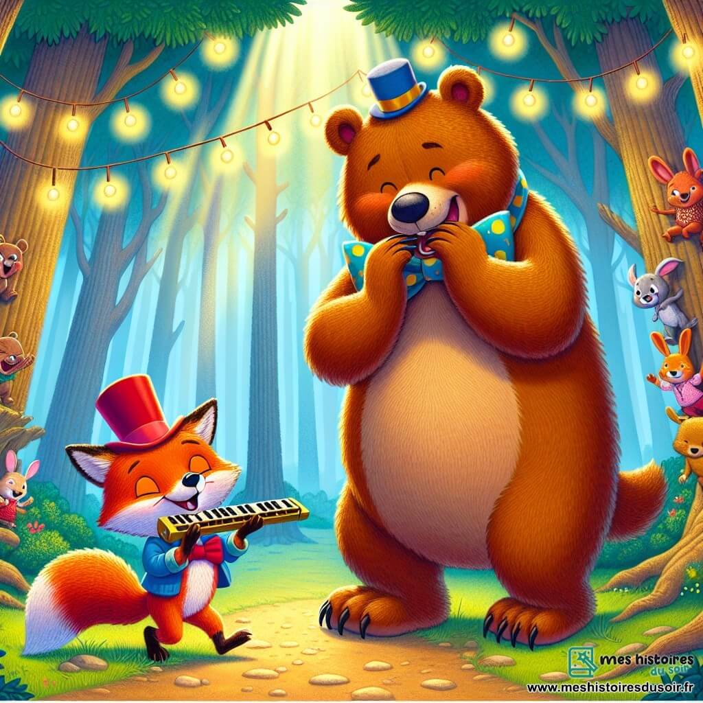 Rusty le renard, avec son pelage roux et ses yeux malicieux, se tient sur scène avec un chapeau haut-de-forme de travers, jouant de l'harmonica tout en trébuchant légèrement, ce qui rend la scène drôle et attachante. À ses côtés, Monsieur Bruin, un grand ours brun au pelage doux, rit de bon cœur en portant un nœud papillon coloré. La clairière au pied de la Colline Cachée est illuminée par des guirlandes scintillantes, tandis que des animaux de la forêt, comme des lapins et des écureuils, applaudissent et rient, créant une ambiance festive. La scène principale montre Rusty jouant de l'harmonica, provoquant des éclats de rire chez les autres animaux.