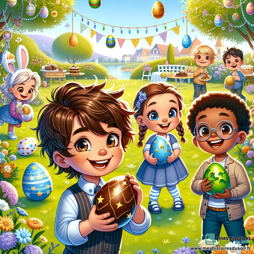 Dans un jardin ensoleillé, Léo, un garçon de 8 ans aux cheveux ébouriffés, tient un œuf en chocolat. À sa droite, Clara, 7 ans, admire un œuf bleu décoré d'étoiles dorées. À gauche, Max, 9 ans, brandit un œuf vert avec des empreintes de dinosaure. Le jardin est rempli de fleurs colorées et de ballons, créant une atmosphère festive. Au fond, un arbre est décoré d'œufs suspendus et une table est chargée de gâteaux. Les enfants sont en pleine chasse aux œufs, entourés de rires, tandis qu'un lapin magique, Lappy, apparaît avec un sourire malicieux, prêt pour une aventure.
