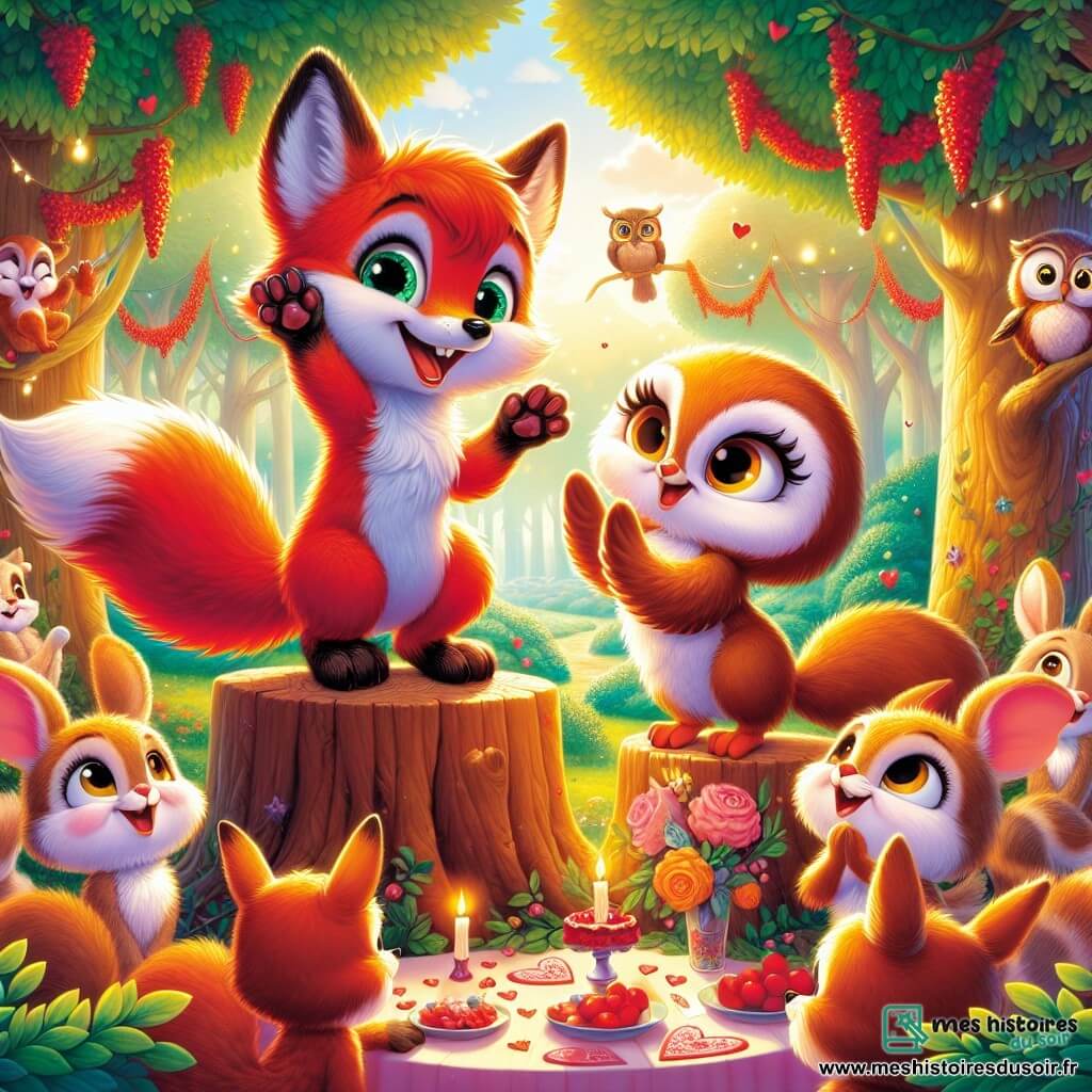 Victor, un jeune renard aux poils roux et aux yeux malicieux, se tient sur une souche d'arbre, souriant et saluant ses amis pour la Saint-Valentin. À ses côtés, Lucie, une petite chouette aux plumes blanches et marron, applaudit joyeusement depuis une branche, tandis qu'un groupe de lapins aux grandes oreilles échange des cartes colorées. La scène se déroule dans une clairière ensoleillée de la forêt enchantée, entourée d'arbres majestueux et décorée de friandises. Les animaux rient et s'amusent, créant une atmosphère chaleureuse et festive, célébrant l'amitié et la joie de la Saint-Valentin.