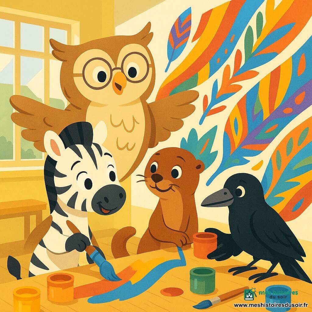 Samba, petit zèbre timide mais souriant, est au centre, pinceau en main peignant une large rayure; Léna, jeune loutre aux yeux curieux, l'encourage en ajoutant une vague colorée; Igor, corbeau repentant, tend un pot de peinture à Samba; Madame Chouette, enseignante bienveillante aux lunettes rondes, les observe bras ouverts; la classe lumineuse aux grandes fenêtres présente un mur transformé en fresque vibrante de rayures, plumes et motifs, avec pots et pinceaux éparpillés sur une grande table en bois — une scène de réconciliation et de création collective aux couleurs saturées, formes simples et atmosphère chaleureuse et inclusive.