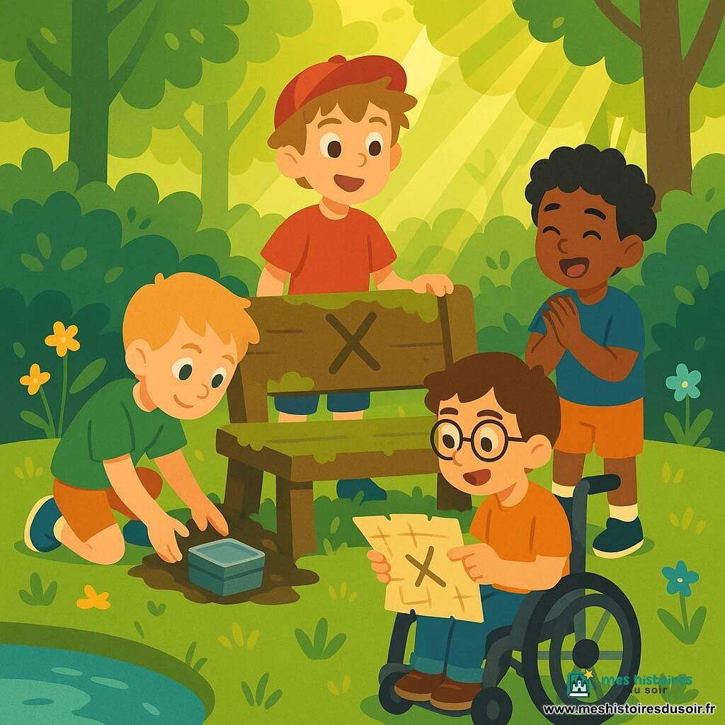 Quatre garçons d'environ 9–11 ans — Jules (≈10 ans, châtain clair en bataille, casquette rouge, debout près d’un banc, main sur le dossier), Max (≈9 ans, blond, accroupi à gauche, déterrant une petite boîte métallique sous le banc), Hugo (≈11 ans, cheveux noirs bouclés, à droite, riant en regardant la boîte) et Louis (≈10 ans, brun, lunettes rondes, en fauteuil roulant devant le banc, tenant une vieille carte pliée pointant un X) — découvrent dans une petite clairière au bord d’un étang un vieux banc en bois couvert de mousse marqué d’un grand X et ouvrent ensemble une boîte rouillée cachée dessous, scène d’aventure chaleureuse et lumineuse aux couleurs douces, composition claire et style enfantin.