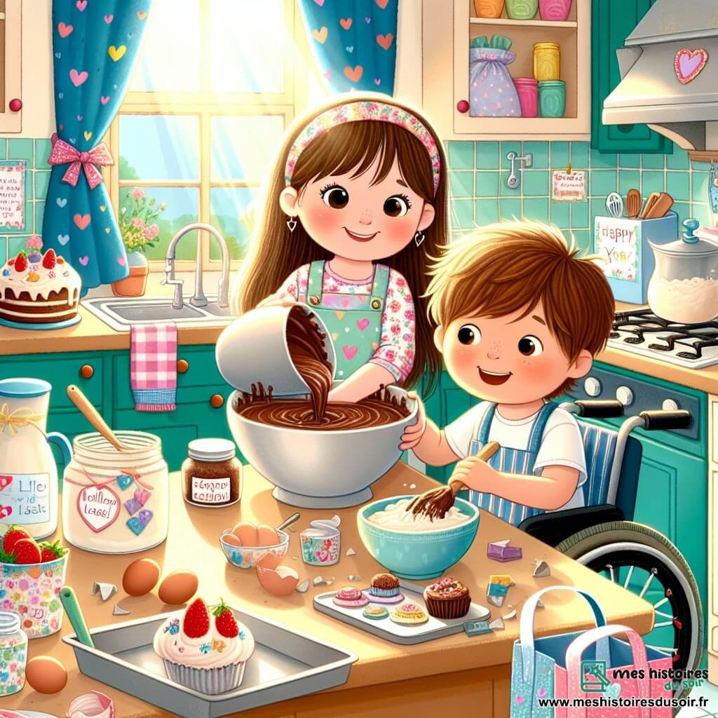 Dans une cuisine lumineuse et colorée, Lili, une petite fille de 7 ans aux longs cheveux bruns, verse du chocolat fondu dans un grand bol, tandis que Tom, un garçon de 8 ans en fauteuil roulant, sourit et mélange la pâte. La lumière du soleil entre par une fenêtre avec des rideaux à fleurs, et des ingrédients comme de la farine, du sucre et des œufs sont éparpillés sur le plan de travail, aux côtés d'une carte colorée. Ils préparent un gâteau pour la fête des pères, dans une ambiance joyeuse et complice.