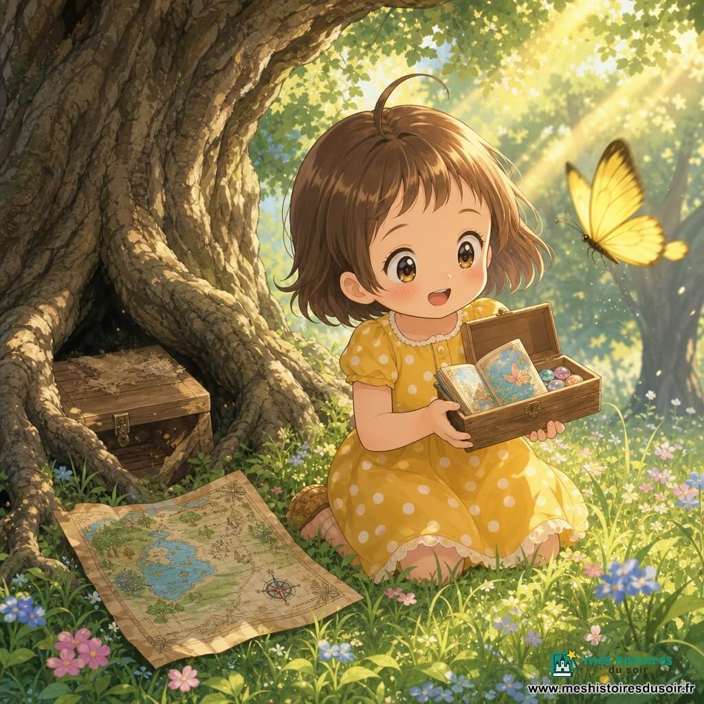 Une fillette de 4 ans, joyeuse et curieuse, cheveux bruns courts avec une mèche rebelle, yeux ronds, robe jaune à pois blancs, tient contre sa poitrine une petite boîte en bois ouverte et sourit en découvrant un minuscule livre; un papillon jaune vif vole devant elle comme pour la guider; un vieux chêne aux racines noueuses et une boîte poussiéreuse entre ses racines sont à l'arrière, l'herbe dense parsemée de petites fleurs bleues et roses et des rayons de soleil dorés créent des taches chaudes — elle découvre un trésor simple sous l'arbre: une carte colorée et une boîte contenant un livre miniature et des cailloux brillants; atmosphère calme, accueillante, pastel et magique.