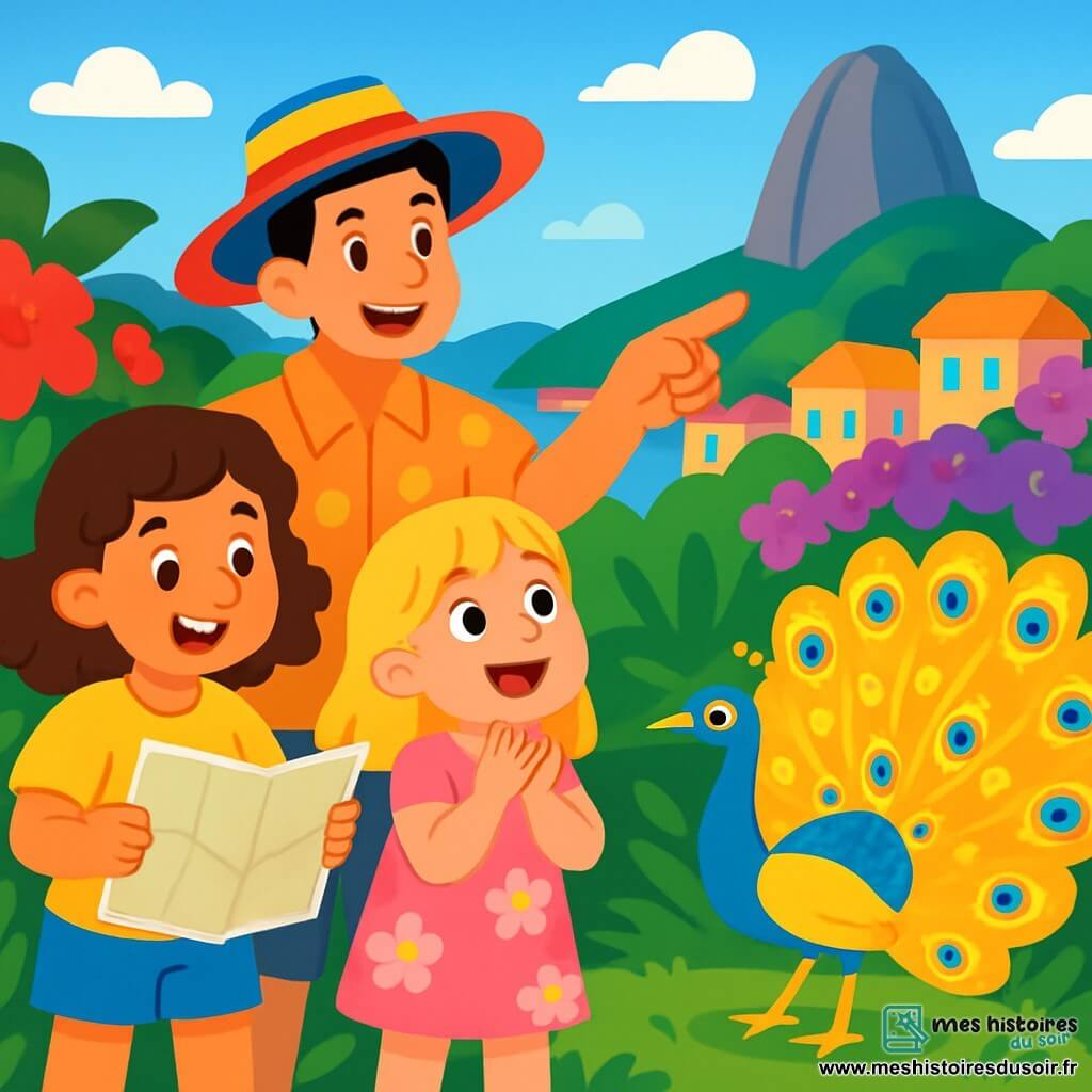 Trois personnages sont présents : Mila, une fille de 8 ans aux cheveux bruns et bouclés, portant un t-shirt jaune et un short bleu, tenant une grande carte et souriant avec émerveillement ; Sofia, une fille de 7 ans aux cheveux blonds et lisses, vêtue d'une robe rose à fleurs, fascinée par le ciel ; et Lucas, un homme adulte aux cheveux noirs et portant un grand chapeau coloré, vêtu d'une chemise à motifs, qui montre les merveilles de la ville aux deux filles. Ils se trouvent dans un jardin luxuriant de Rio de Janeiro, entouré de fleurs colorées et avec en arrière-plan des maisons pastel et la montagne du Pain de Sucre. La scène principale montre Mila et Sofia émerveillées par la danse d'un paon doré, riant et applaudissant, tandis que Lucas les encourage à admirer la magie de Rio.