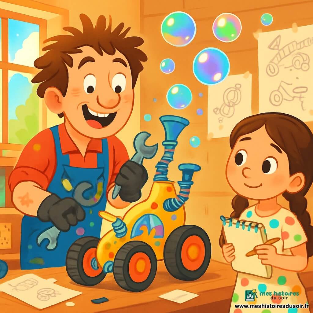 Monsieur Léon, un homme joyeux aux cheveux châtain ébouriffés et portant une salopette bleue tachée de peinture, se tient dans son atelier en bricolant une invention étrange avec des roues et des ressorts. À ses côtés, Clara, une petite fille de 8 ans aux longs cheveux bruns tressés et vêtue d'une robe à pois colorés, l'observe avec émerveillement, carnet de croquis en main. L'atelier lumineux est rempli de pièces détachées, de livres et de dessins d'inventions imaginaires. Monsieur Léon crée une machine à bulles géante, laissant flotter des bulles colorées qui illuminent l'atelier, tandis que Clara s'apprête à dessiner cette scène magique.