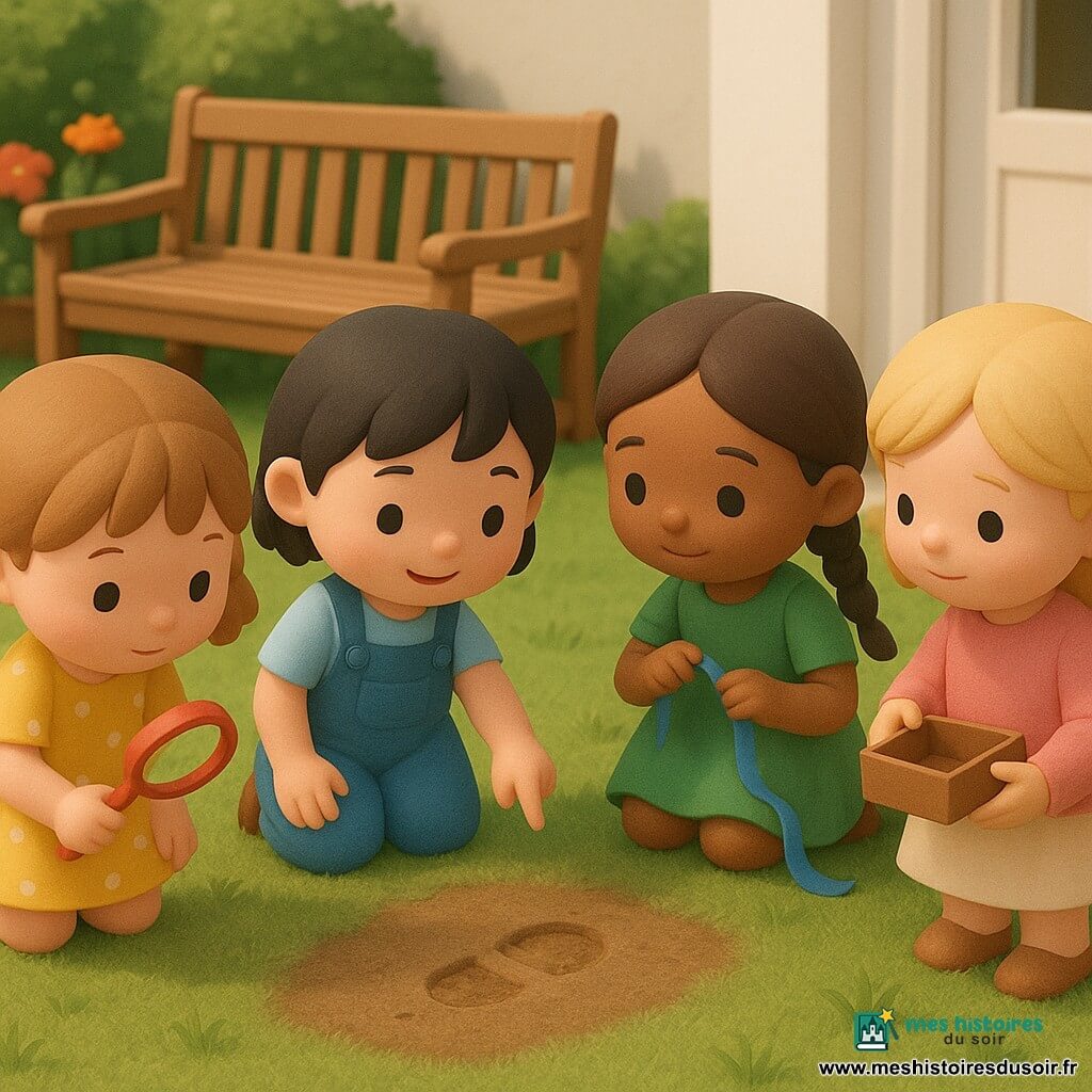 Quatre fillettes de 3 ans jouent aux détectives dans un jardin ensoleillé : Lila, châtain clair en deux couettes, robe jaune à pois, tient une loupe et regarde le sol à l'avant gauche ; Mia, cheveux noirs courts, salopette bleue, sourit et pointe une petite empreinte de chaussure à côté de Lila ; Noor, peau hâlée, tresse, robe verte, agenouillée près d'un banc tient un ruban bleu comme indice ; Zoé, blonde en pull rose, tient une petite boîte d'indices à droite en retrait et regarde le ruban. Elles examinent des pas dans la terre près d'un banc, dans une ambiance douce et lumineuse, style figurines 3D aux couleurs pastel et textures lisses.