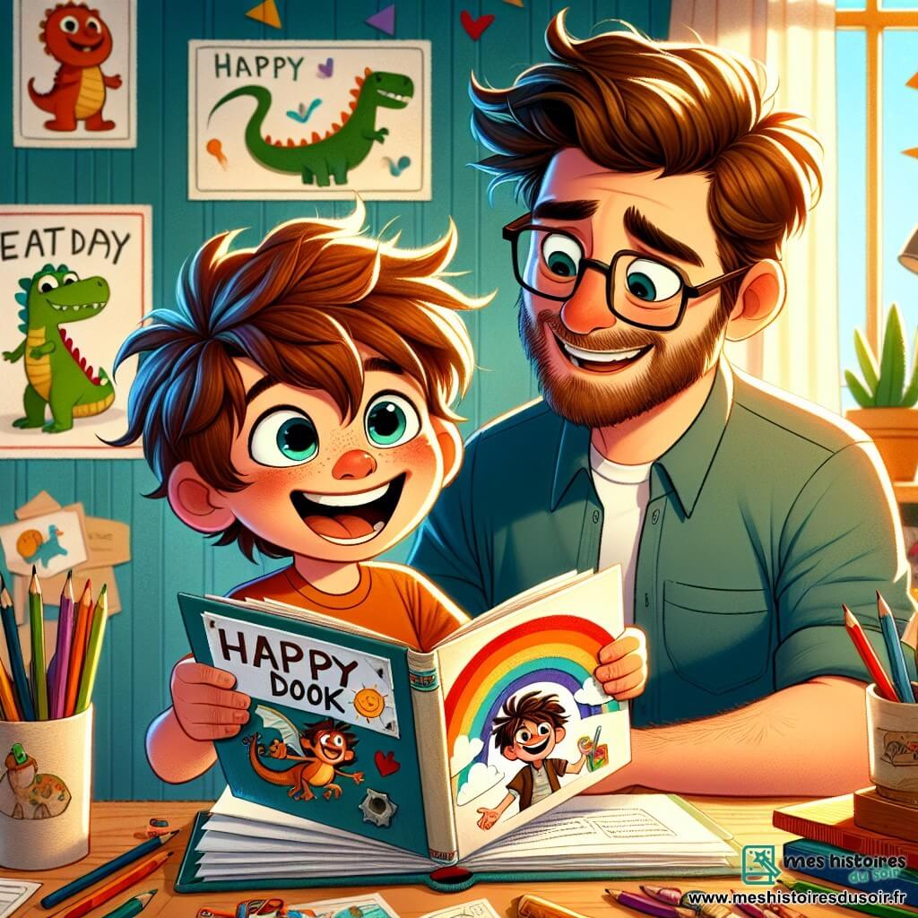 Lucas, un garçon de 8 ans aux cheveux bruns en bataille et aux yeux pétillants, est assis à une table en bois, entouré de crayons et de feuilles. Il sourit en tenant un livre fait main avec une couverture illustrée d'un dragon et d'un pirate. À côté de lui, son père, un homme d'une trentaine d'années avec une barbe douce et des lunettes, admire le livre, un sourire fier sur le visage. Ils se trouvent dans une chambre lumineuse décorée de posters de dinosaures et de jouets, avec un rayon de soleil illuminant la scène. Lucas partage son cadeau spécial pour la fête des pères, rempli d'histoires et d'illustrations, créant un moment magique entre eux.