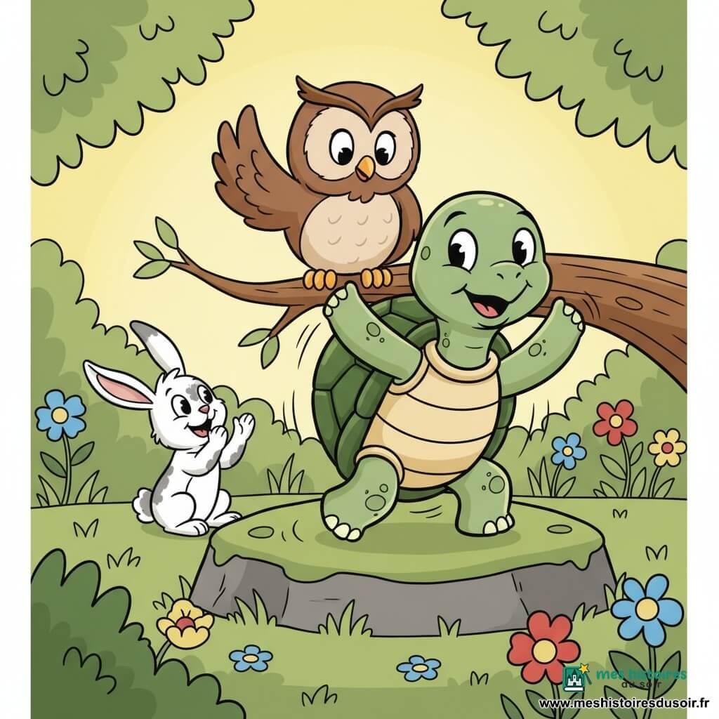 Une petite tortue verte à carapace ronde et brillante, yeux souriants, tourne joyeusement au centre; derrière elle, un vieux hibou brun perché sur une branche la regarde bienveillant et encourageant; à gauche, un lapin blanc tacheté de gris applaudit depuis une pierre; clairière ensoleillée d'une forêt enchantée avec herbe verte, fleurs colorées et une grosse pierre mousseuse, lumière douce aux tons chauds et pastels, ombres rondes et contours noirs épais, ambiance ludique et rassurante.