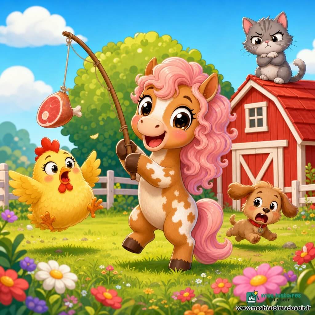 Un cheval joyeux et malicieux aux yeux ronds, crinière rose pâle bouclée et robe caramel tachetée de blanc, rit sur ses pattes arrière en agitant une petite canne à pêche en bois avec un morceau de jambon suspendu; une poule ronde et duveteuse aux plumes jaunes s'envole légèrement à gauche, un petit chien peureux nommé Max au poil brun clair fuit vers l'arrière-plan, et un minuscule chat rusé, Léo, gris, est assis sur le toit rouge de la grange à droite; ferme colorée avec grange rouge, clôture blanche, herbe verte, fleurs sauvages et grand buisson; ambiance lumineuse, couleurs vives, traits épais et contours doux, composition centrée et lisible pour les tout-petits.