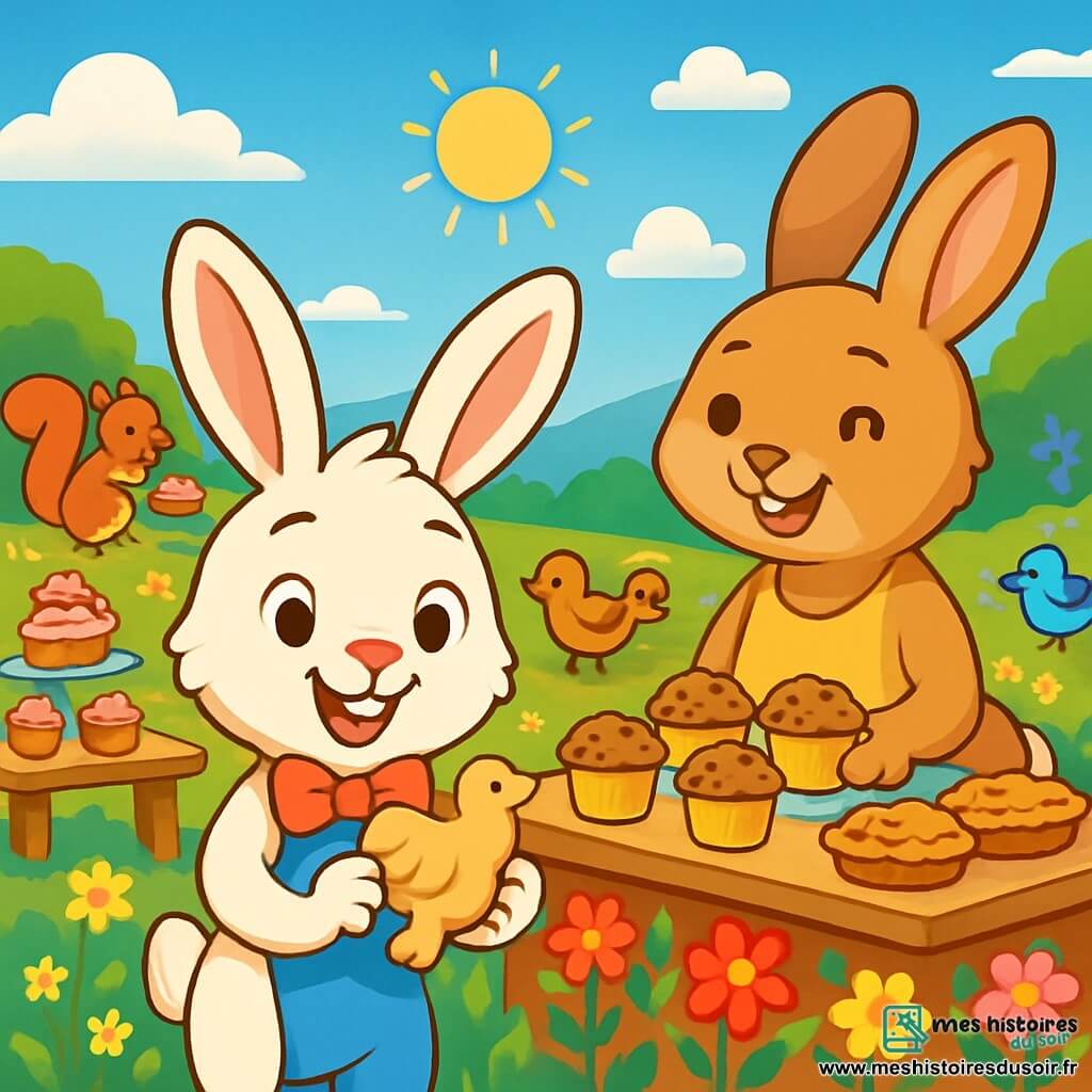 Un jeune lapin nommé Léo, avec de grandes oreilles blanches et des yeux curieux, se tient dans un champ fleuri, souriant. Il porte un nœud papillon rouge et tient un biscuit en forme de colombe, prêt à le partager. À ses côtés, sa maman, une lapine au pelage brun clair, prépare des muffins sur une table décorée de fleurs, affichant une expression joyeuse. En arrière-plan, des animaux comme des écureuils et des oiseaux se rassemblent autour de tables remplies de douceurs, tous souriants. Le ciel est bleu et ensoleillé, créant une atmosphère paisible. Léo et sa maman organisent un goûter solidaire pour promouvoir l'amitié et la paix, entourés de leurs amis animaux, unis dans la joie.
