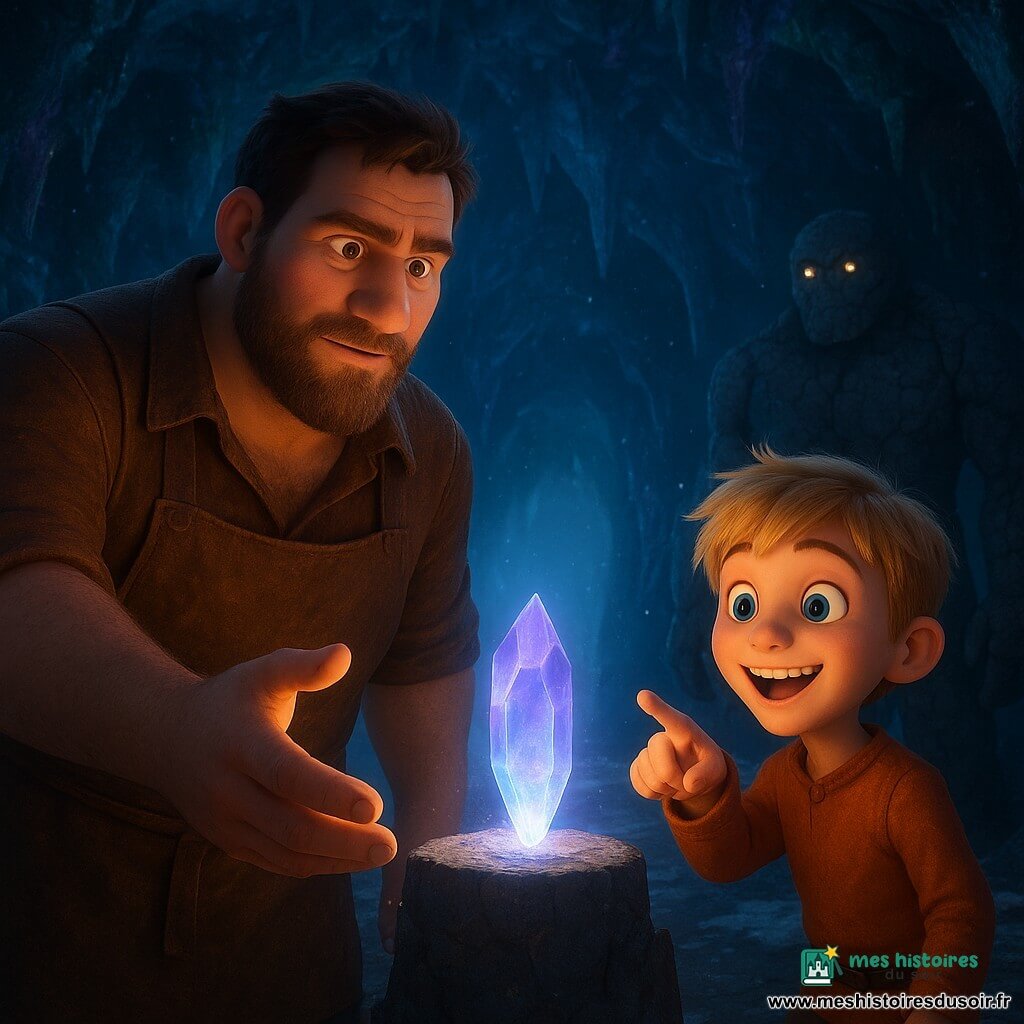 Élias, visage ouvert mais déterminé, barbe courte et cheveux bruns en bataille, veste en cuir usée et tablier, tend la main vers le Cristal d'Astralys posé sur un piédestal diffusant une lumière bleu‑violette; à sa droite Tyméo, un garçon d'environ 10 ans aux cheveux blonds en bataille, yeux écarquillés et sourire malicieux, pointe le cristal avec excitation; en arrière-plan, deux immenses Gardiens de la Montagne mi-roche mi-humanoïde, aux yeux lumineux, encadrent l'entrée d'une caverne scintillante aux murs de mousse et de cristaux, stalactites fines et reflets bleuâtres, créant une ambiance solennelle, magique et chaleureuse aux contrastes bleu‑violet et touches d'orange, rendu net et éclairage cinématographique doux.