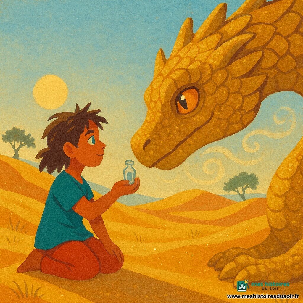 Élyna, jeune femme déterminée au visage rond et yeux verts, cheveux bruns ébouriffés, agenouillée sur une dune dans un désert ocre, tend doucement une petite fiole vers un énorme dragon de sable aux écailles dorées et granuleuses, qui s'incline avec curiosité ; lumière chaude de fin d'après-midi, ambiance magique et paisible.