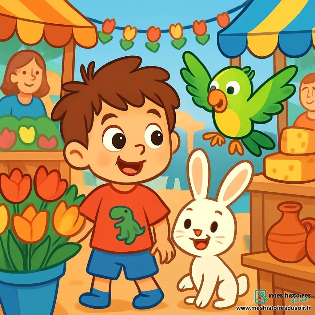 Léo, un petit garçon de 4 ans aux cheveux bruns en bataille et aux yeux curieux, se trouve au milieu d'un marché animé. Il porte un t-shirt rouge avec un dinosaure et un short bleu, affichant une joie d'émerveillement en admirant des tulipes colorées. À ses côtés, Max, un perroquet aux plumes vertes et jaunes, vole joyeusement en lui parlant, tandis que Mimi, un petit lapin blanc aux longues oreilles, sourit malicieusement près de lui. Le marché regorge de stands colorés avec des fleurs, des fromages et des objets artisanaux, créant une atmosphère joyeuse où Léo découvre les fleurs, encouragé par Mimi et survolé par Max.