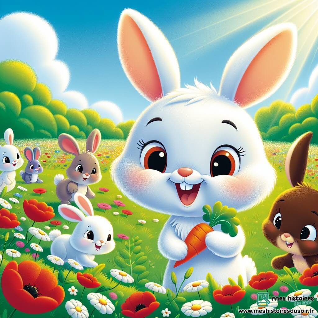Un lapin blanc nommé Lou, avec de grandes oreilles et un sourire, se tient au centre d'une clairière, tenant une carotte. À côté de lui, un lapin brun nommé Tiko le regarde avec un sourire timide. La clairière est remplie de fleurs colorées, avec des coquelicots et des marguerites dansant sous la brise. Le soleil brille, projetant des ombres sur l'herbe. Lou et Tiko sont entourés d'autres lapins jouant ensemble, créant une atmosphère de camaraderie et de joie, illustrant l'importance de la tolérance et de l'acceptation.