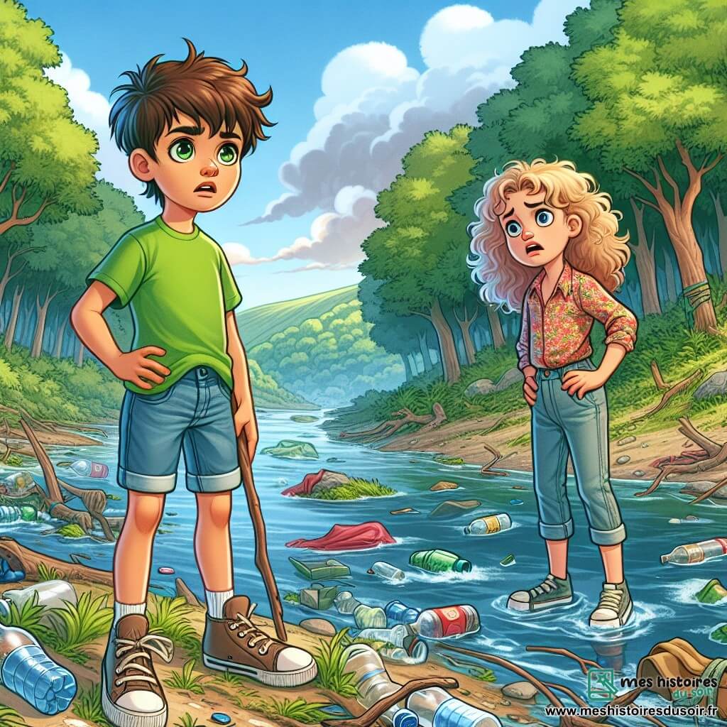 Un garçon de 10 ans, Tom, se tient au bord d'une rivière polluée, affichant une profonde inquiétude. Il est vêtu d'un t-shirt vert et d'un short en jean, tenant un bâton. À ses côtés, Louise, également âgée de 10 ans, regarde la rivière avec désespoir, portant une blouse à fleurs et un pantalon en toile. Le cadre est une forêt luxuriante avec des arbres verts et une rivière troublée par des déchets. Tom et Louise observent la situation, déterminés à trouver une solution pour sauver leur environnement.
