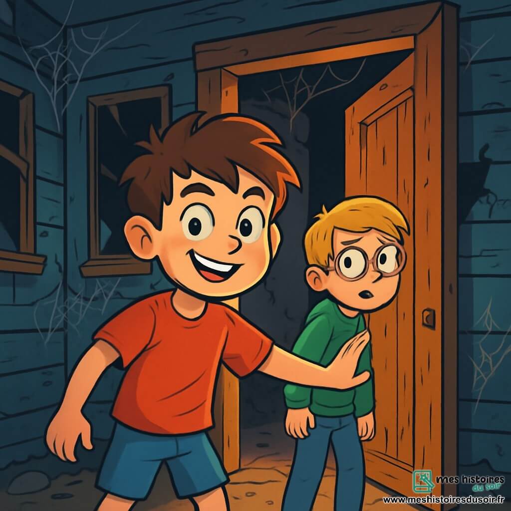 Il y a deux personnages principaux : Maxime, un garçon de 8 ans aux cheveux bruns en bataille et aux yeux curieux, portant un t-shirt rouge et un short bleu, se tient près de la porte d'entrée d'une maison abandonnée avec un sourire audacieux. Lucas, également âgé de 8 ans, a les cheveux blonds et des lunettes rondes, vêtu d'un sweat-shirt vert et d'un jean, regarde Maxime avec une expression mêlée d'excitation et d'appréhension. L'histoire se déroule dans une vieille maison abandonnée aux murs en bois décrépis, fenêtres brisées et atmosphère mystérieuse. Maxime, déterminé, pousse la porte, tandis que Lucas, hésitant, jette un dernier regard en arrière, partagé entre excitation et peur.