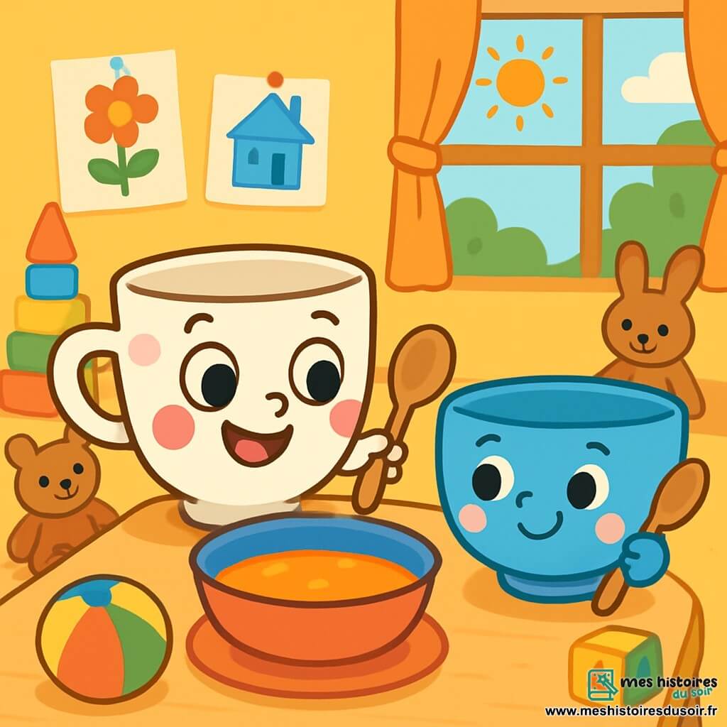 Louna la Petite Tasse est une tasse en porcelaine blanche à pois roses, souriante et courageuse, assise sur une table de jeu avec une cuillère en bois, prête à préparer une soupe imaginaire. À côté, Gaston le Petit Bol, un bol bleu aux joues roses, l'encourage avec un sourire, tenant également une cuillère en bois. La scène se déroule dans une salle de jeux lumineuse, remplie de jouets colorés et de peluches, créant une atmosphère chaleureuse. Louna et Gaston jouent ensemble, entourés de leurs amis, tandis que le soleil éclaire la pièce, montrant que l'amitié et le jeu apportent du réconfort.