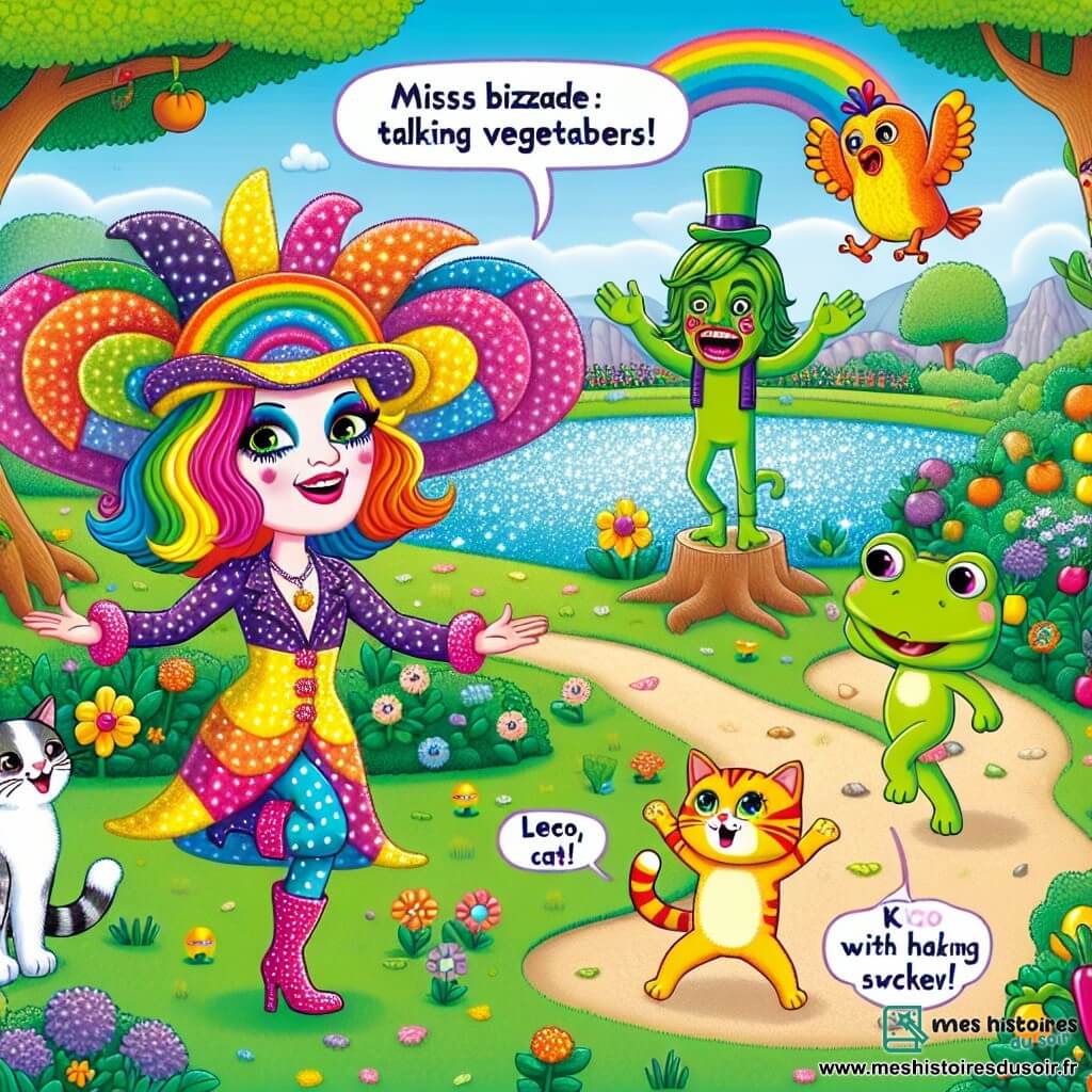 Mademoiselle Bizarre est une femme aux cheveux colorés, portant un costume à pois éclatants. Elle sourit joyeusement en dansant avec des légumes parlants. À ses côtés, Léo le chat, un petit chaton orange, observe curieusement, tandis que Pipi la grenouille saute sur une feuille en riant. Kiki le perroquet, aux plumes multicolores, crie des encouragements depuis sa branche. La scène se déroule dans le parc de Chouetteville, un endroit ensoleillé avec des fleurs colorées et un petit étang. Mademoiselle Bizarre et ses amis font face au Docteur Poubelle, un vilain maladroit qui s'approche avec un sac poubelle, tandis que les légumes dansent autour d'eux, créant une ambiance joyeuse.