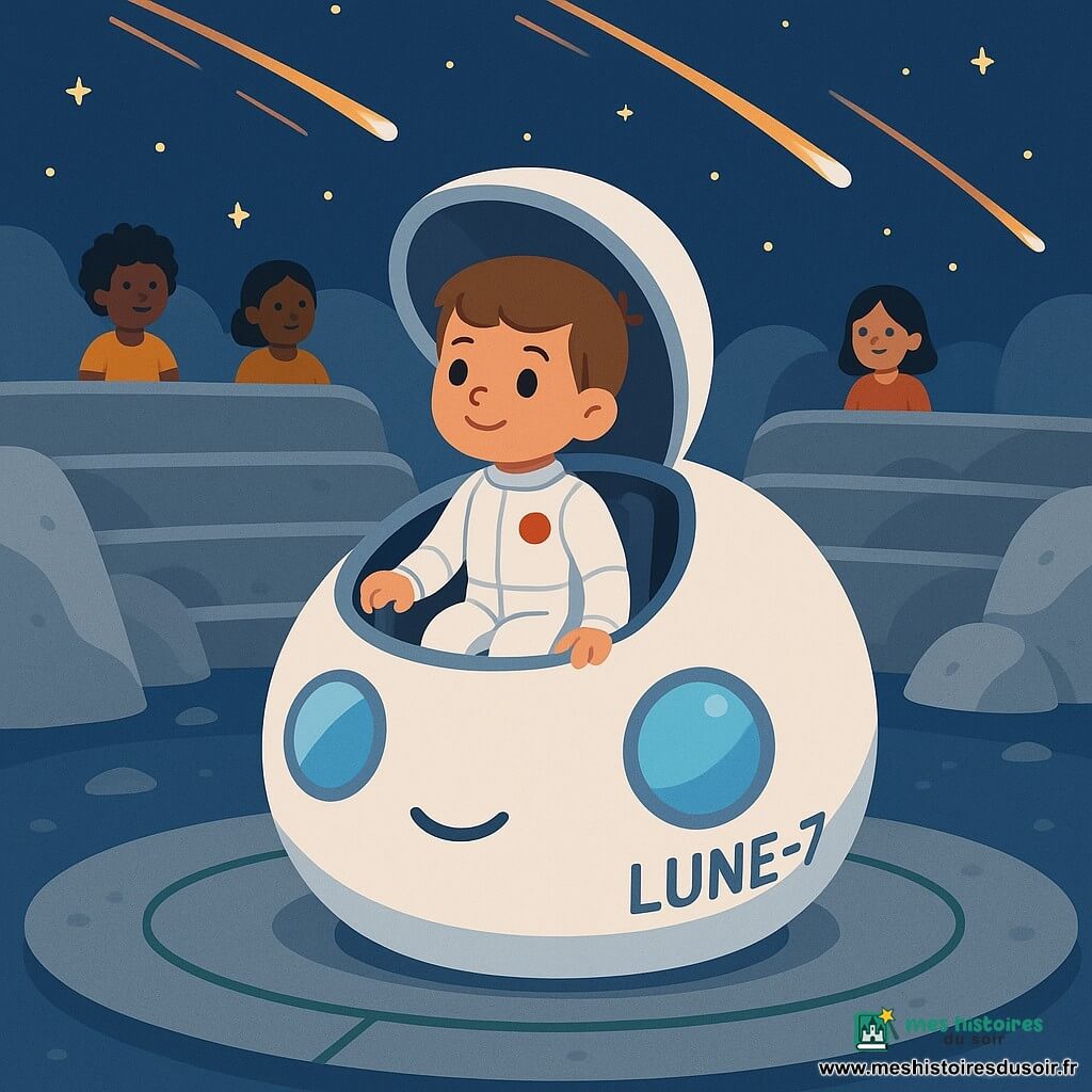 Noé, garçon d'environ 6 ans au visage rond et cheveux châtains courts, en petite combinaison spatiale blanche avec un badge rouge, sort lentement du cockpit ouvert de la navette ronde Lune-7, main sur la poignée, le regard émerveillé vers les gradins; la navette, coque blanche aux deux grands hublots bleus et sourire dessiné, est stationnée au centre d'une plateforme circulaire d'un amphithéâtre d'astéroïdes aux gradins gris-argentés luisants, des comètes orange et blanches traversent le ciel spatial bleu nuit étoilé, ambiance calme et sûre, couleurs douces, composition centrée et formes simples.