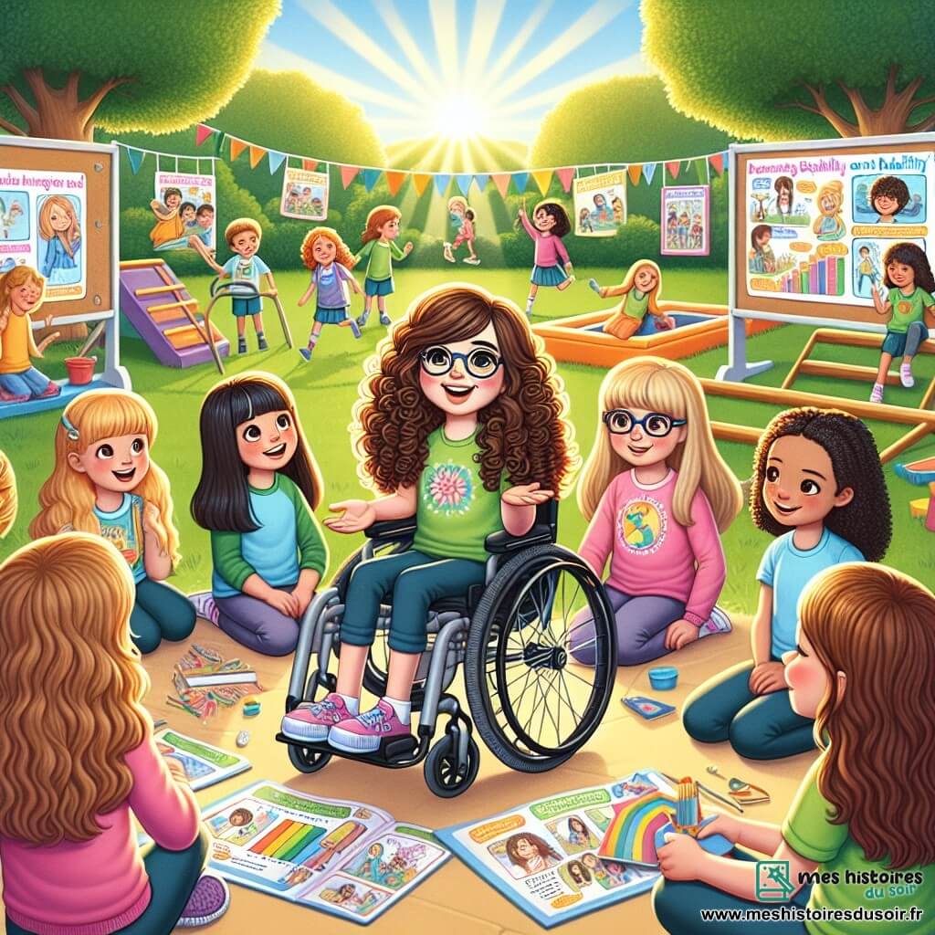 Clara, une fille de 11 ans avec des cheveux châtains bouclés et un sourire éclatant, est assise dans son fauteuil roulant, entourée de ses amies. À sa droite, Lila, 11 ans, aux cheveux longs et blonds, porte un t-shirt coloré et gesticule en parlant de leur projet. À gauche, Sarah, 10 ans, avec des lunettes et des cheveux raides, tient une affiche colorée sur le handicap, tandis qu'Emma, 11 ans, aux cheveux bruns et frisés, montre un schéma scientifique. La scène se déroule dans la cour de l'école, ensoleillée, avec des arbres en arrière-plan et des enfants jouant. Clara et ses amies expliquent leur projet de sensibilisation au handicap à leurs camarades, qui les écoutent attentivement dans une atmosphère joyeuse et accueillante.