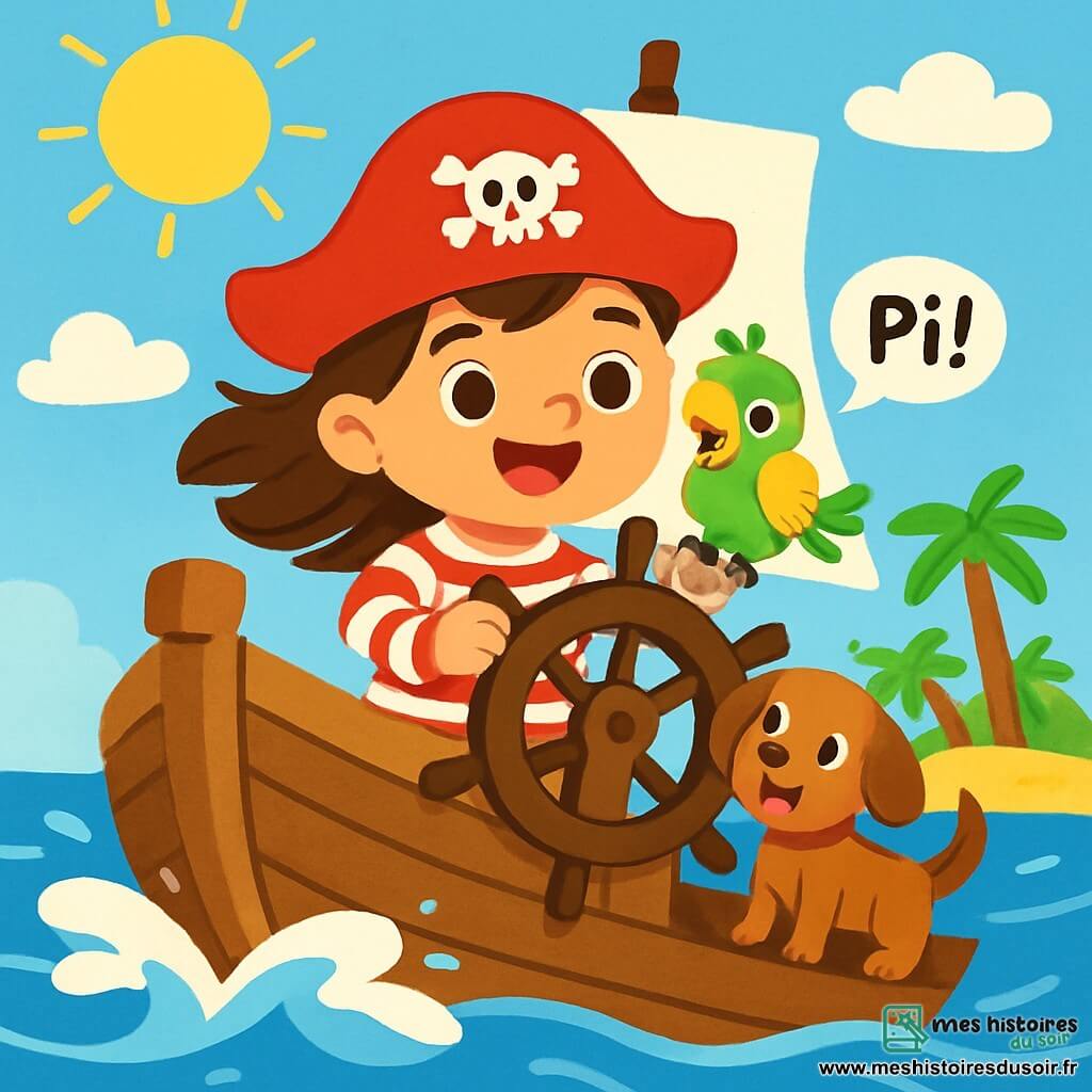 Une jeune fille, Capitaine Lila, souriante, porte un chapeau de pirate rouge et une chemise à rayures. Ses cheveux bruns volent au vent tandis qu'elle tient la barre de son bateau en bois. À ses côtés, Pip, un perroquet coloré, est perché sur son épaule, criant joyeusement « Pii ! ». Un petit chien, Lu, avec un pelage marron, se tient sur le pont, remuant la queue. Le bateau navigue sur une mer bleue avec des vagues blanches. Le ciel est ensoleillé avec quelques nuages. Au loin, une île tropicale avec des palmiers et du sable doré se dessine. Lila, Pip et Lu sont en pleine aventure, prêts à découvrir l'île mystérieuse, impatients de vivre de nouvelles péripéties.