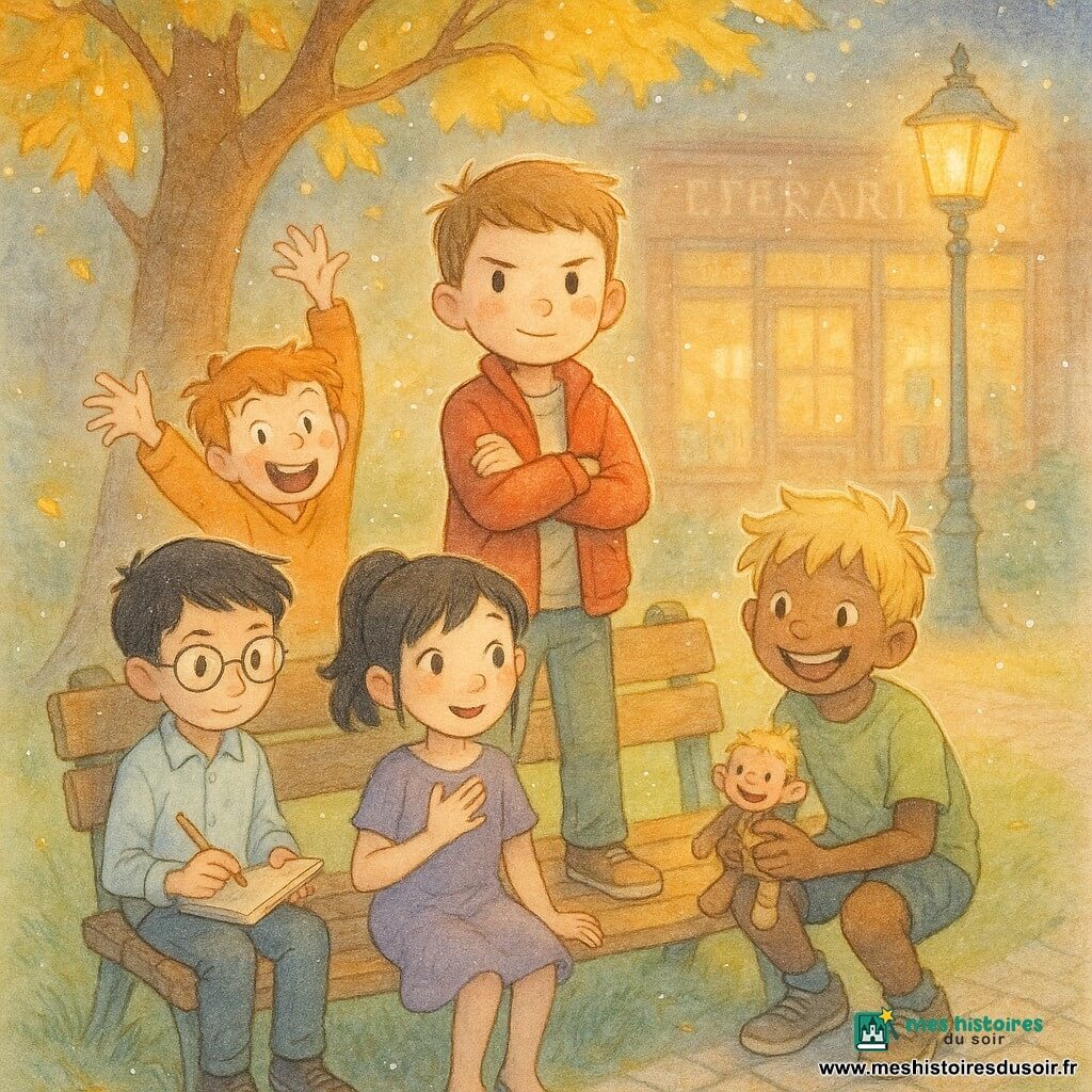 Cinq enfants réunis autour d’un banc de parc au crépuscule sous un grand arbre aux feuilles dorées : Zoro, garçon ~10 ans, cheveux châtains en brosse, veste rouge trop grande, debout au centre, bras croisés et regard déterminé ; Robin, garçon ~10 ans, cheveux noirs lisses, lunettes rondes, chemise bleu pâle, assis à gauche avec carnet et crayon, air réfléchi ; Baku, garçon ~9 ans, cheveux blonds en bataille, t-shirt vert, accroupi à droite, sourire large, tenant une petite peluche ; Gama, garçon ~9 ans, cheveux roux et taches de rousseur, sweat orange, légèrement sautillant derrière, mains en l’air ; Gena, fille ~10 ans, cheveux noirs en queue de cheval, robe violette simple, assise sur le banc devant, main sur le cœur, sourire doux et surpris. Ambiance chaleureuse et cosy, pelouse verte, lampadaire ancien au loin, petites dalles et librairie en bois floutée en arrière-plan; scène après une journée de recherche de cadeau, complicité, gestes amusés et maladroits, composition centrée sur visages et mains, palette pastel avec textures aquarelle et reflets au stylo gel blanc.