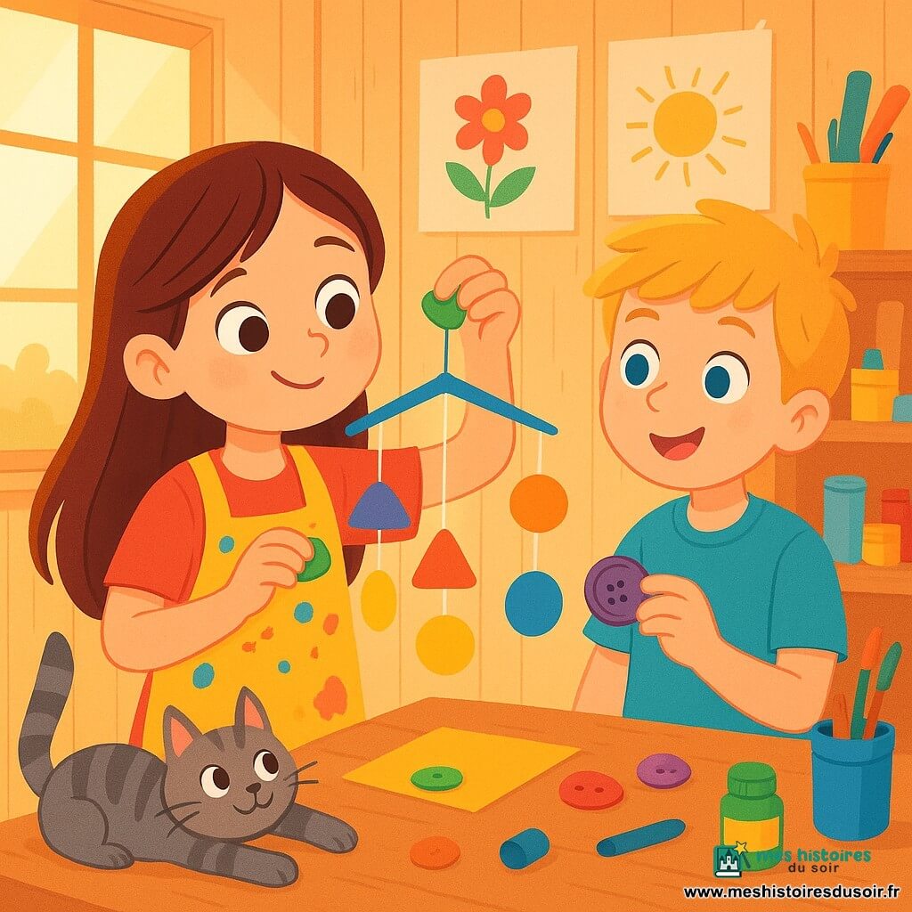 Une jeune fille, Lina, avec de longs cheveux bruns et des yeux curieux, est joyeuse en assemblant un mobile coloré dans son atelier. Elle porte un tablier taché de peinture et tient un bouchon en plastique vert. À côté, Tom, un garçon de 8 ans aux cheveux blonds, l'observe avec un sourire, prêt à ajouter un bouton coloré au mobile. Plume, un chat gris, les regarde avec curiosité. L'atelier lumineux, avec des murs en bois clair et des dessins d'enfants, est rempli de matériaux artistiques. La scène montre Lina et Tom en pleine création, entourés de couleurs vives, tandis que le mobile prend forme.