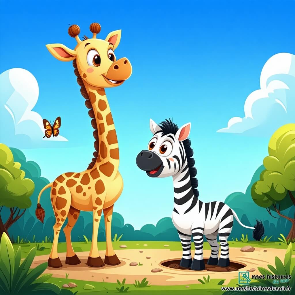 Une girafe nommée Lila, grande et élégante, avec un pelage doré et des taches brunes, se tient joyeusement sous un ciel bleu. Ses grands yeux expriment la curiosité. À côté d'elle, Zazu le zèbre, avec ses rayures noires et blanches, regarde un trou dans le sol, inquiet. Ils se trouvent dans une savane verdoyante avec des arbres majestueux et des fleurs colorées. Lila utilise son pouvoir magique pour sauver Zazu en faisant apparaître une branche qui couvre le trou, illustrant ainsi la solidarité et l'amitié.