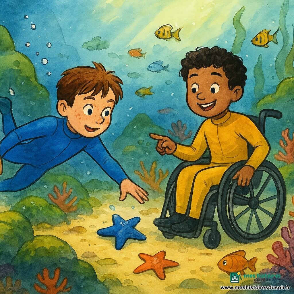 Léo, ~10 ans, cheveux châtain courts et taches de rousseur, en combinaison de plongée bleu vif, nage à gauche en tendant le bras vers une étoile de mer saphir posée sur un rocher, et Max, ~10 ans, cheveux noirs bouclés, assis dans un fauteuil roulant adapté à l'eau et vêtu d'une combinaison jaune moutarde, est à droite, souriant, une main sur la roue et l'autre pointant vers des étoiles de mer autour d'eux; ils explorent ensemble un fond marin près d'une côte rocheuse aux rochers arrondis couverts d'algues vert émeraude, bancs de sable crème, coraux orangés et violets, algues ondulantes et poissons chatoyants, avec un éclairage sous-marin doré, bulles montantes et petites créatures curieuses, scène dynamique et chaleureuse mettant l'accent sur l'amitié et la découverte, style encre colorée à traits nets, couleurs saturées et textures d'aquarelle légère.