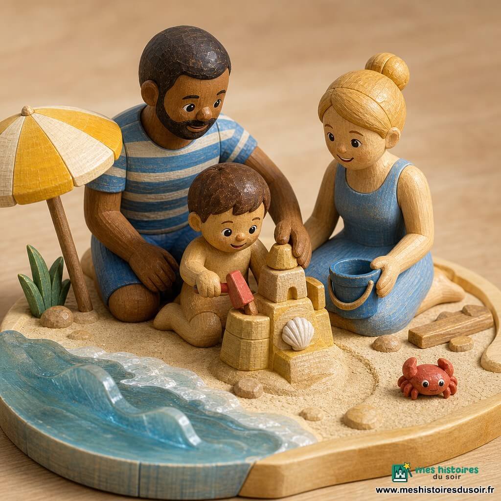 Garçon de 4 ans, heureux, visage rond, cheveux bruns courts, tient une petite pelle rouge et construit un château de sable en bois peint beige et jaune ; à côté, la mère (~30 ans) cheveux blonds en chignon, souriante, tient un petit seau bleu en bois et le regarde ; derrière, le père (~32 ans) barbe courte, t-shirt rayé bleu et blanc en bois peint, pose la main sur l’épaule du garçon de façon protectrice ; décor : plage miniature avec sable crème texturé, vague en bois translucide bleu clair avec retouches blanches, coquillage nacré sur le château, petit crabe rouge en bois au loin, parasol rayé jaune et blanc planté dans le sable ; scène matinale, ombres douces, couleurs chaudes, style diorama de jouets en bois vu légèrement en plongée.
