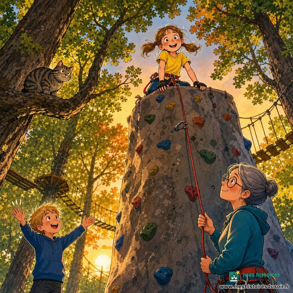 Lila, 10 ans, souffle court et rayonnante, cheveux châtain clair en deux couettes, mains gantées sur la dernière prise d’un mur d’escalade, t-shirt jaune, pantalon bleu marine et harnais rouge; Thomas, 10 ans, cheveux blonds, souriant et applaudissant en bas; Mme Dupont, ~50 ans, cheveux gris en chignon et lunettes, tient la corde d’assurage avec un air bienveillant; le chat tigré Minuit est posé sur une grosse branche proche; parc d’aventures en forêt au crépuscule, grands chênes, passerelles suspendues et lumière dorée; Lila au sommet prête à se lancer en rappel, fière et un peu tremblante.