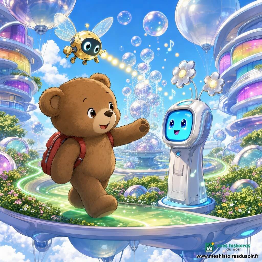 Oskar, grand ours en peluche brun au pelage doux et souriant, porte un petit sac à dos rouge et tend la patte vers une borne parlante blanche à écran bleu et antennes en forme de fleurs; un drone-luciole doré projette des points de lumière au-dessus de lui, une fontaine souffle des bulles irisées et des rubans lumineux s'illuminent verts sous ses pas dans un parc suspendu entre deux immeubles futuristes, créant une atmosphère douce, lumineuse et pétillante aux couleurs pastel.