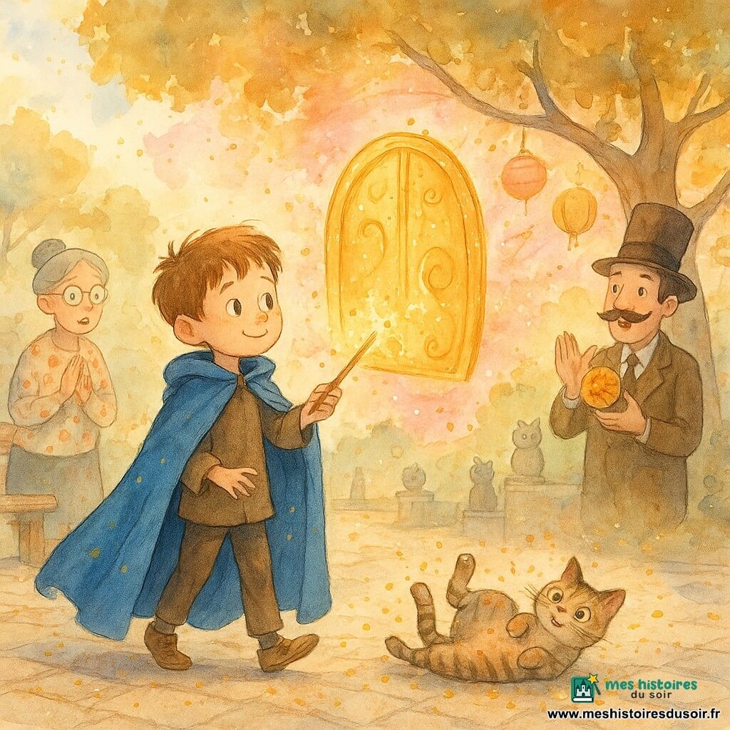 Tommy, apprenti sorcier de 6 ans au sourire timide et cape bleue trop longue, tend une baguette brillante vers une porte ronde dorée flottante; Bricolo, petit chat tigré gris et roux, roulé sur le dos près de ses pieds sous une pluie de confettis dorés; Madame Tournefeuille, enseignante aux cheveux gris en chignon et lunettes rondes, sur un banc à gauche, mains jointes, rassurante; Monsieur Moustachu, homme au grand chapeau et moustache en guidon, applaudit en tenant un biscuit magique à droite; sur la Place des Hiboux, grande esplanade pavée avec bancs, statues de petits hiboux, lampions en papier et un grand chêne aux feuilles volantes, une bulle devenue porte ouvre un monde sucré de nuages de barbe à papa et lucioles, où des objets réapparaissent en sautillant et des habitants jouent à attraper la porte avec des filets en papier, ambiance joyeuse, mouvement circulaire et éclats de lumière rose et or, confettis en suspension.