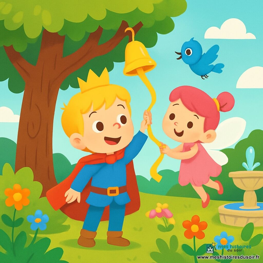 Un prince nommé Léo, aux cheveux blonds et aux yeux pétillants, porte une petite cape rouge et une couronne dorée, souriant sous un vieux chêne. À ses côtés se trouve une petite fée, Lila, avec des ailes scintillantes et une robe rose, tenant un ruban. Un petit oiseau bleu, Pip, vole autour d'eux. Ils sont dans un jardin enchanteur, rempli de fleurs colorées, de buissons verts et d'une fontaine. Léo et Lila remettent une clochette brillante en haut de l'arbre, tandis que Pip les observe. La scène est magique et joyeuse, avec des couleurs vives.