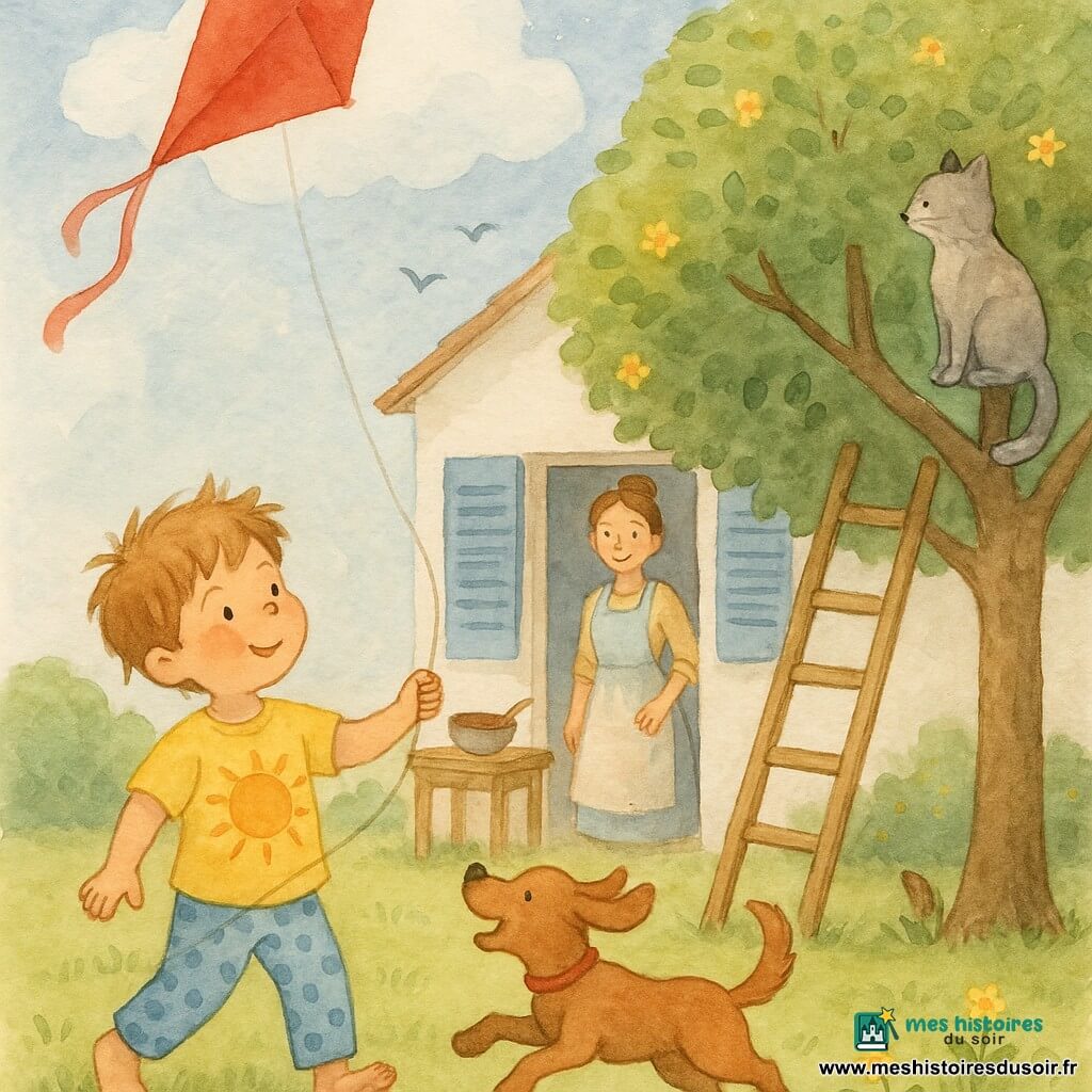 Garçon de 4 ans, cheveux châtain clair en bataille, t-shirt jaune à soleil, tenant la ficelle d’un grand cerf‑volant rouge dont la queue ondule vers un nuage, visage émerveillé et déterminé; sa mère d’environ 30 ans, souriante, cheveux attachés et tablier poudreux de farine, près de la porte ouverte de la maisonnette blanche à volets bleus; chien brun Pataud remuant la queue au pied d’une échelle appuyée contre un grand pommier où le chat gris Minou est posé sur une branche basse; jardin lumineux à pelouse verte et petites fleurs jaunes, ciel bleu parsemé de nuages blancs et quelques oiseaux; sur une petite table en bois près de la mère, un bol de mousse au chocolat avec une cuillère; atmosphère tendre d’aventure enfantine.
