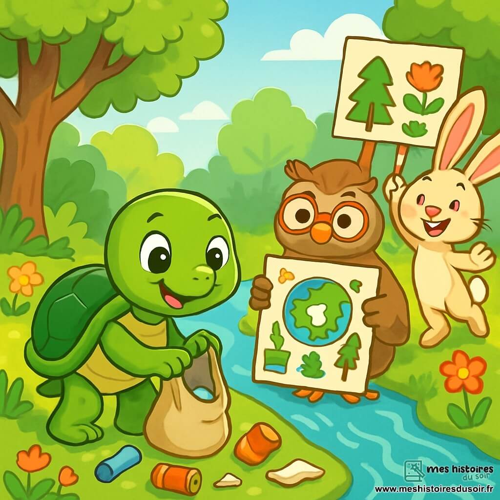 Une petite tortue nommée Tilly, avec une carapace verte et des yeux curieux, se tient au bord d'une rivière en ramassant des déchets avec un sac en toile. À côté, un hibou sage nommé Benny, avec des plumes marron et des lunettes, observe sérieusement en tenant une affiche sur la protection de l'environnement. Un peu plus loin, une lapine nommée Léa, sautillant joyeusement, tient un panneau avec des dessins de fleurs et d'arbres. Le décor est une forêt verdoyante avec des arbres majestueux, des fleurs colorées et une rivière claire. Tilly et ses amis sont déterminés à nettoyer la rivière tout en célébrant leur engagement pour la nature.