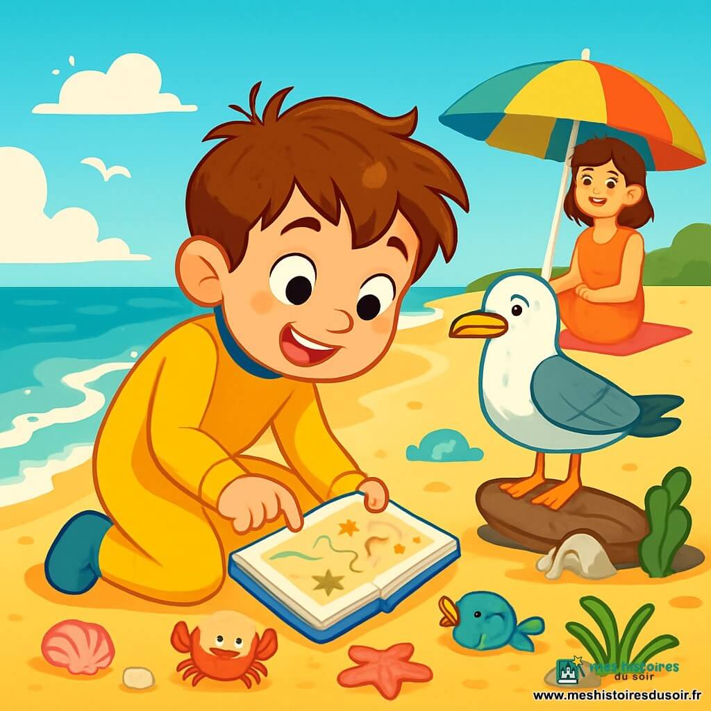 Léo, un garçon de 6 ans aux cheveux bruns en bataille et aux yeux curieux, explore une plage ensoleillée. Il porte une combinaison de plongée jaune vif et s'accroupit pour observer un théâtre de sable sculpté par les vagues. À ses côtés, un goéland malicieux se tient sur une souche de bois flotté. Plus loin, sa maman, souriante, l'observe sous un parasol coloré. La plage est dorée, bordée de vagues scintillantes, avec du sable doux et chaud. Léo dessine une carte d'abris sur son carnet, entouré de petits crabes et de poissons curieux, tandis que la mer se retire, révélant des trésors cachés.