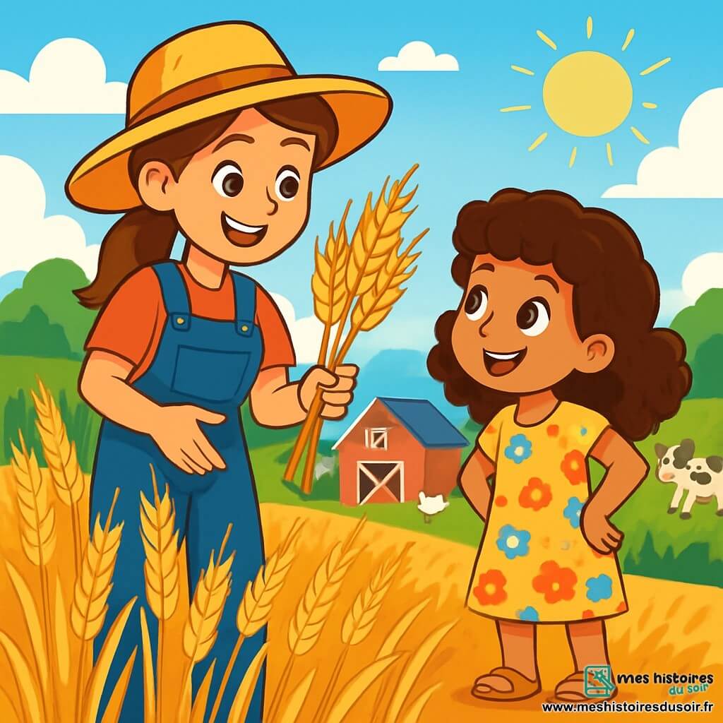 Manon, une agricultrice joyeuse d'une trentaine d'années, porte une salopette bleue et un chapeau de paille. Elle montre à Zoé, une petite fille de 8 ans aux cheveux bouclés, comment récolter le blé. Zoé, vêtue d'une robe à fleurs, l'écoute attentivement. La scène se déroule dans un champ de blé doré sous un ciel bleu avec des nuages blancs. En arrière-plan, une ferme avec une grange rouge et des animaux est visible. Manon explique avec passion la récolte des épis dorés, tandis que le soleil se lève à l'horizon.