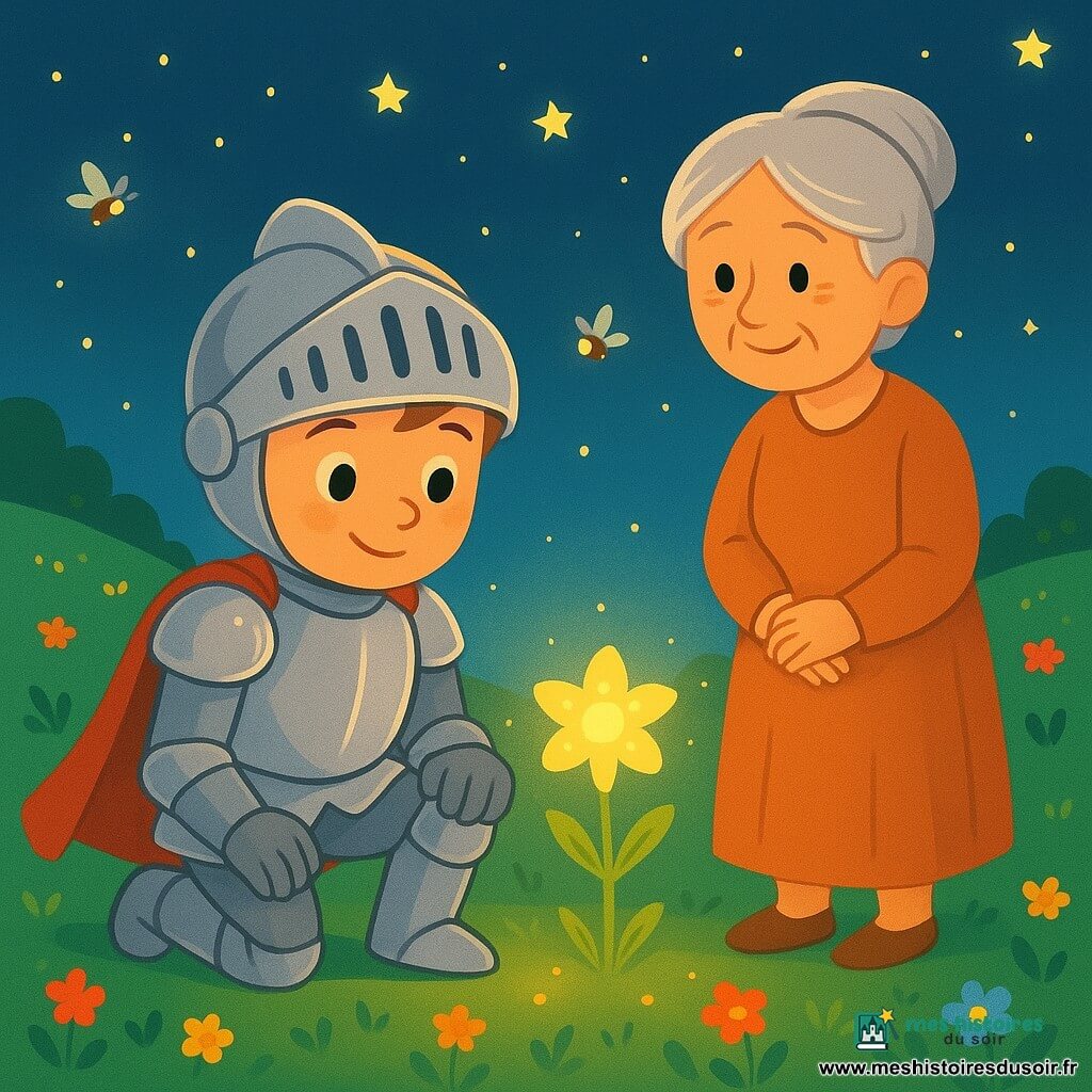 Un chevalier courageux d'environ 10 ans porte une armure brillante et un casque étincelant. Il a des yeux déterminés et un doux sourire, s'agenouillant près d'une petite fleur lumineuse. À ses côtés, une dame âgée aux cheveux argentés et au visage bienveillant, sourit en portant une robe simple, se tenant sur un chemin fleuri. Le décor est une colline verdoyante avec des fleurs colorées et des lucioles dans l'air du soir, tandis qu'un village paisible s'étend sous un ciel étoilé. La scène met en avant le chevalier et la fleur, prêts à découvrir une étoile tombée, illuminant leur chemin de lumière douce.