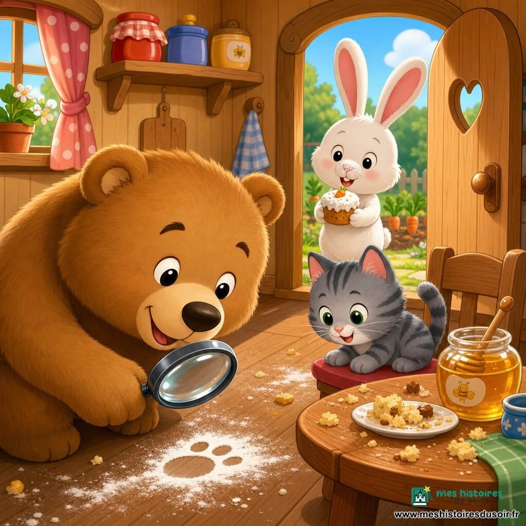 Ours brun clair, grand et doux, yeux noirs, tient une loupe et examine une petite empreinte de farine au sol, visage curieux et souriant ; chat petit gris rayé aux yeux verts, assis près de la table, regarde les miettes et sourit ; lapin blanc aux longues oreilles, museau poudré de farine, tient un petit gâteau dans l'embrasure de la porte, joyeux et espiègle ; cuisine en bois chaleureuse avec table ronde, miettes, pot de miel ouvert et farine au sol, porte entrouverte sur un jardin avec des carottes ; ambiance joueuse, lumière douce et couleurs chaudes.