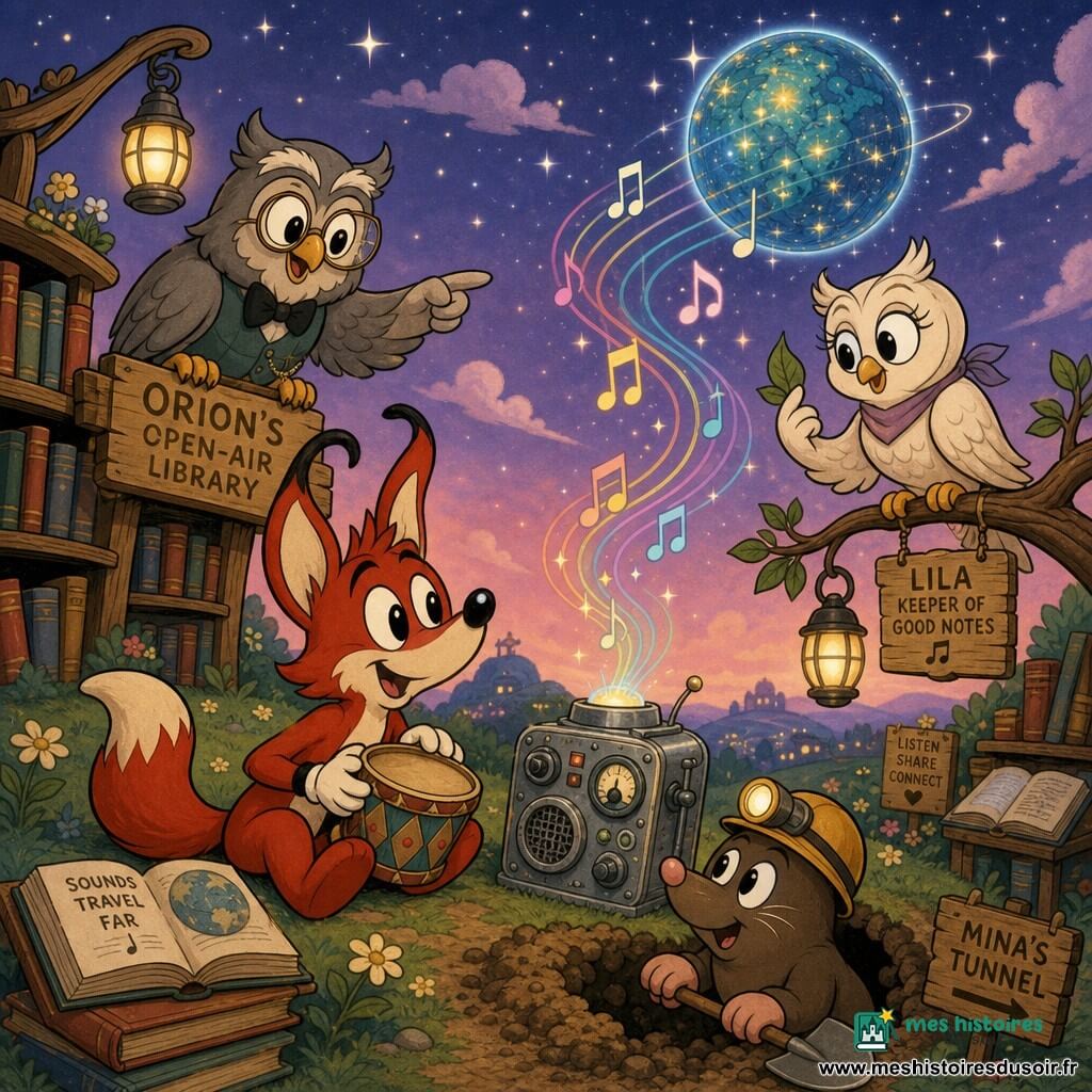Miro, un renard roux aux grandes oreilles et à la longue queue touffue, est assis sur une colline herbeuse, émerveillé, tenant un petit tambour en bois; derrière lui, Orion, un vieux hibou bibliothécaire aux plumes grises et lunettes rondes, pointe une boîte métallique ornée de cadrans tandis que Mina la taupe creuse un tunnel en regardant Miro avec curiosité et Lila la chouette, posée sur une branche, hoche la tête en tenant une feuille; au-dessus, la petite planète bleue-verte Azura brille parmi les étoiles et des lignes musicales colorées s'élèvent comme des rubans entre la planète et la colline; la scène, une bibliothèque en plein air crépusculaire avec étagères, livres et lampions, montre la boîte émettant des notes visuelles qui voyagent vers Azura tandis que les amis observent, émerveillés.