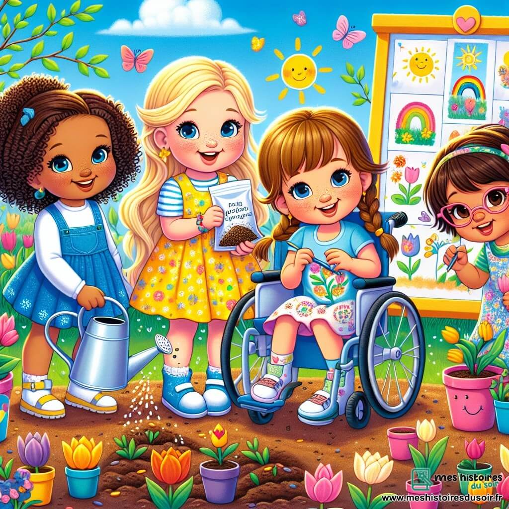 Dans un jardin ensoleillé, quatre amies célèbrent le printemps. Lila, cinq ans, tient un sachet de graines et sourit. Mia, également cinq ans, arrose des fleurs avec un arrosoir. Zoé peint des pots de fleurs colorés, tandis que Sam, dans son fauteuil roulant, peint des étoiles sur un pot. Le jardin est rempli de tulipes colorées et d'un panneau décoré des traditions du printemps. Les amies s'amusent ensemble, créant des souvenirs joyeux en plantant des fleurs et en décorant des pots.